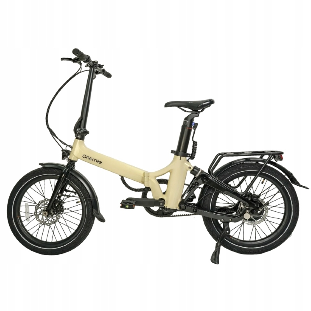 Una bicicleta plegable beige con detalles negros se muestra sobre fondo blanco.