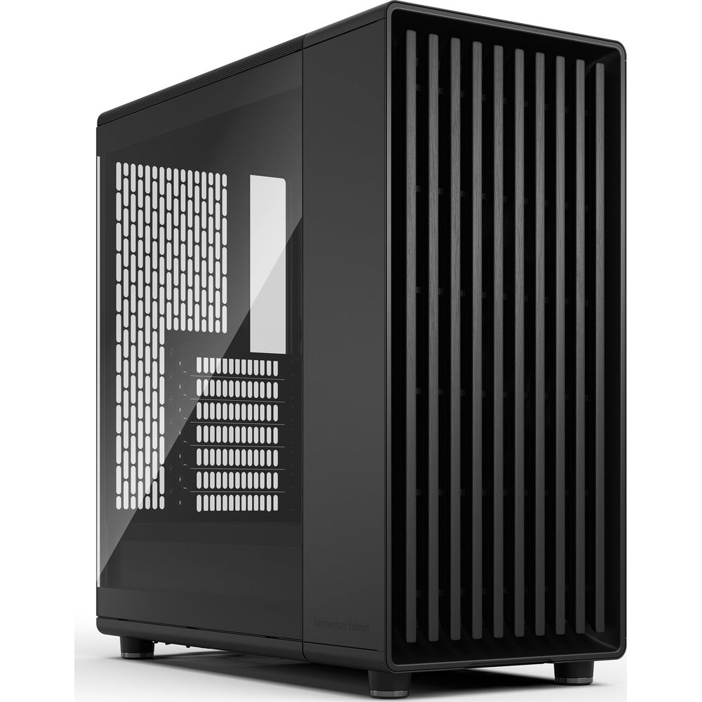 Schwarzes PC-Gehäuse mit Glasfenster und vertikalen Lüftungsschlitzen an der Vorderseite.