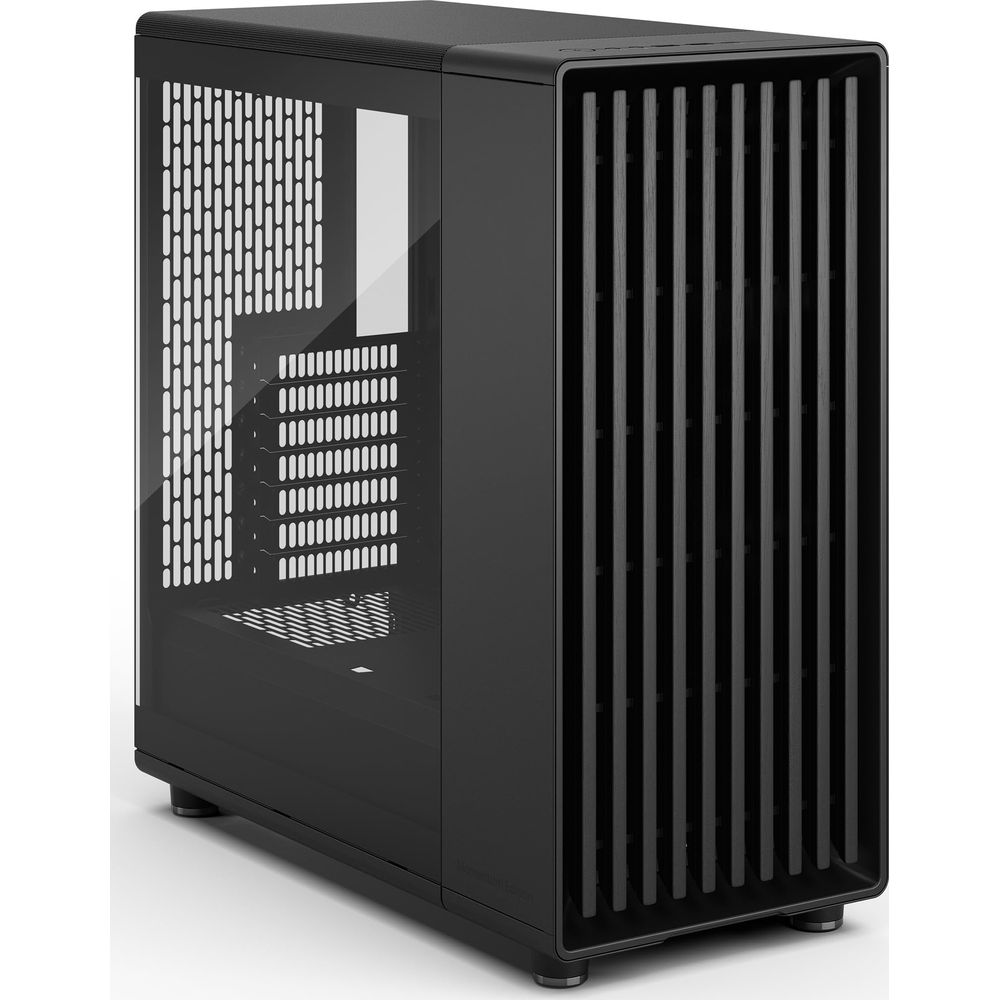 Ein schwarzes Computergehäuse mit Glasfenster und vertikalen Lüftungsschlitzen.