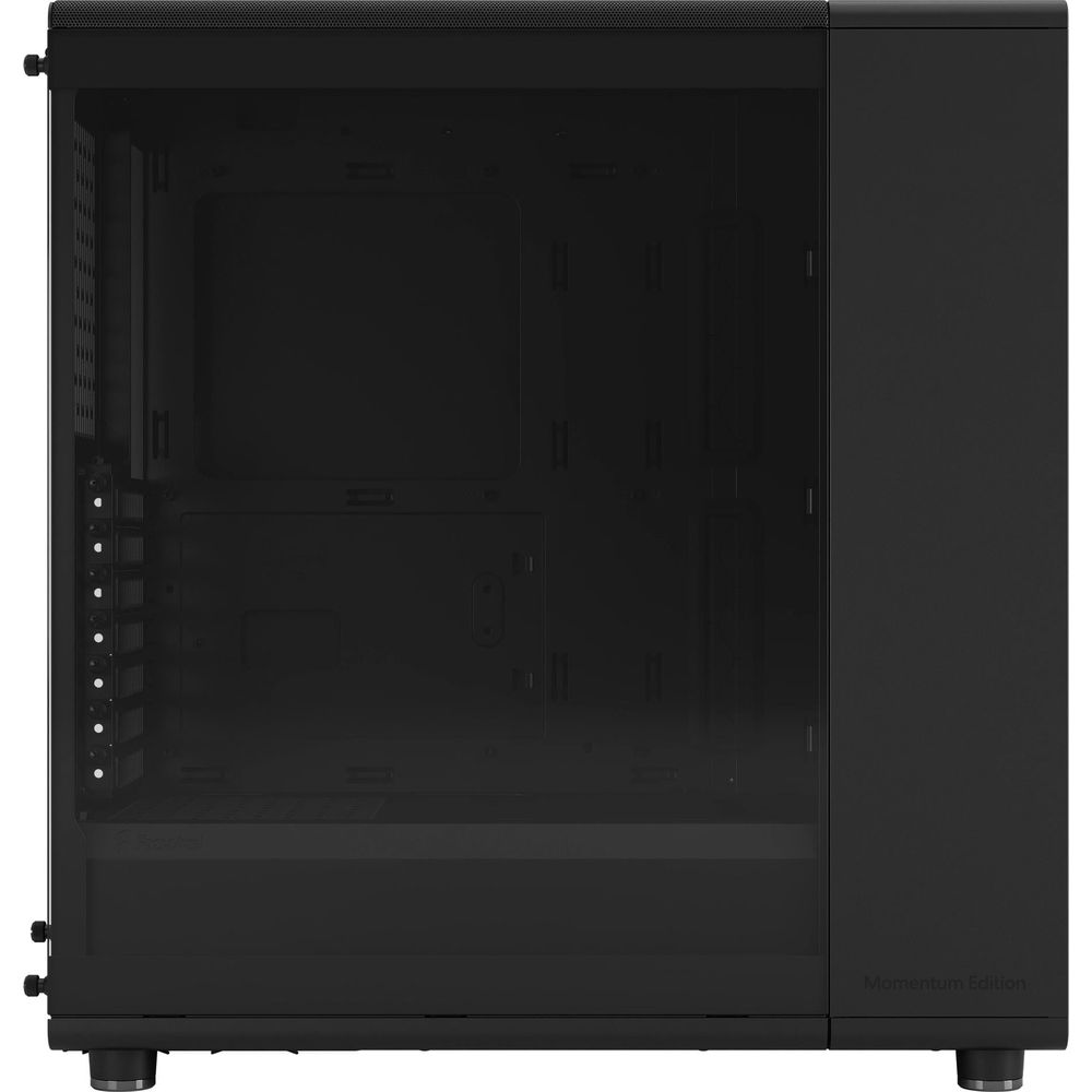 Ein schwarzes Computergehäuse mit einer Glastür und silbernen Füßen.