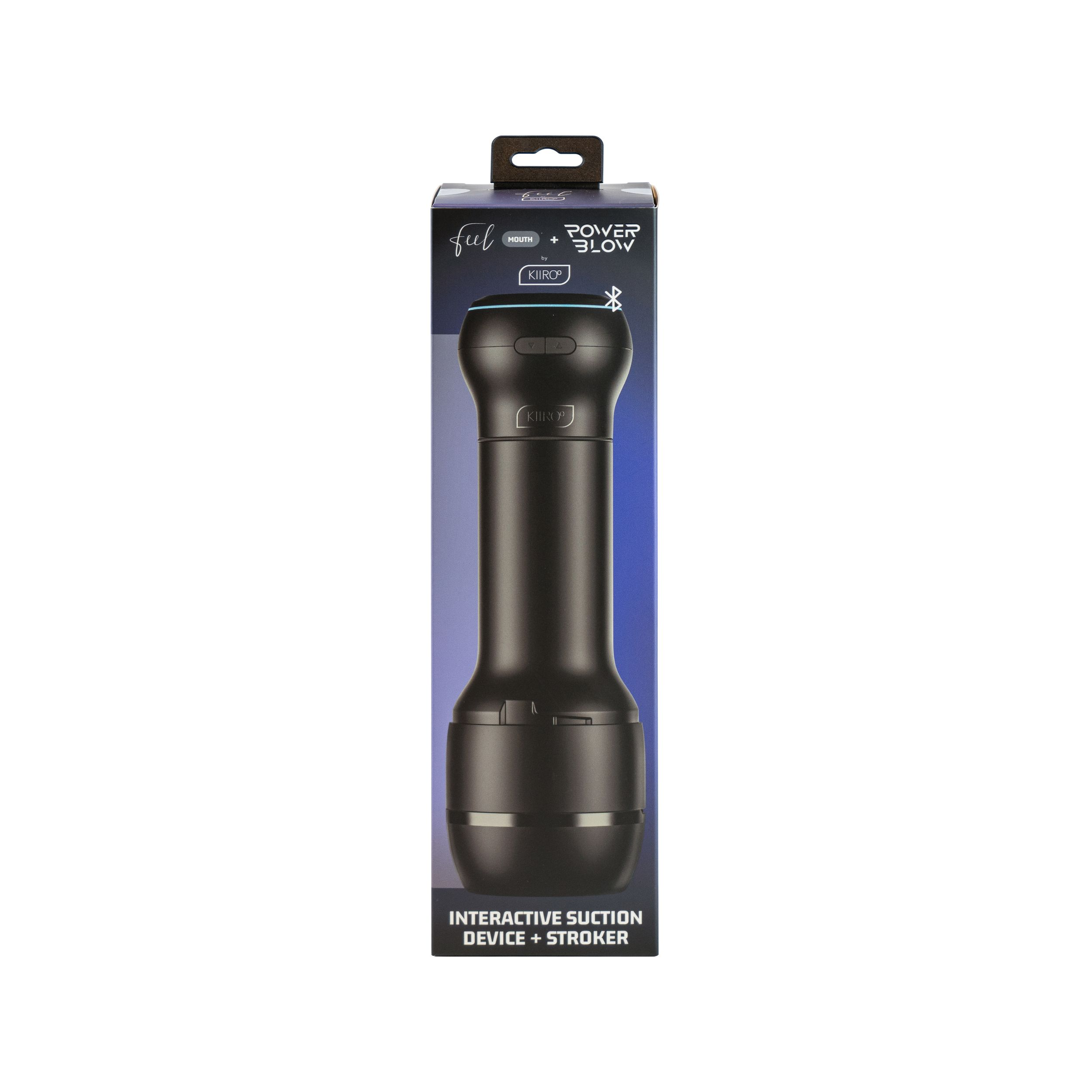 Dispositivo interactivo de succión y masturbador negro con panel de control y símbolo Bluetooth en el empaque.