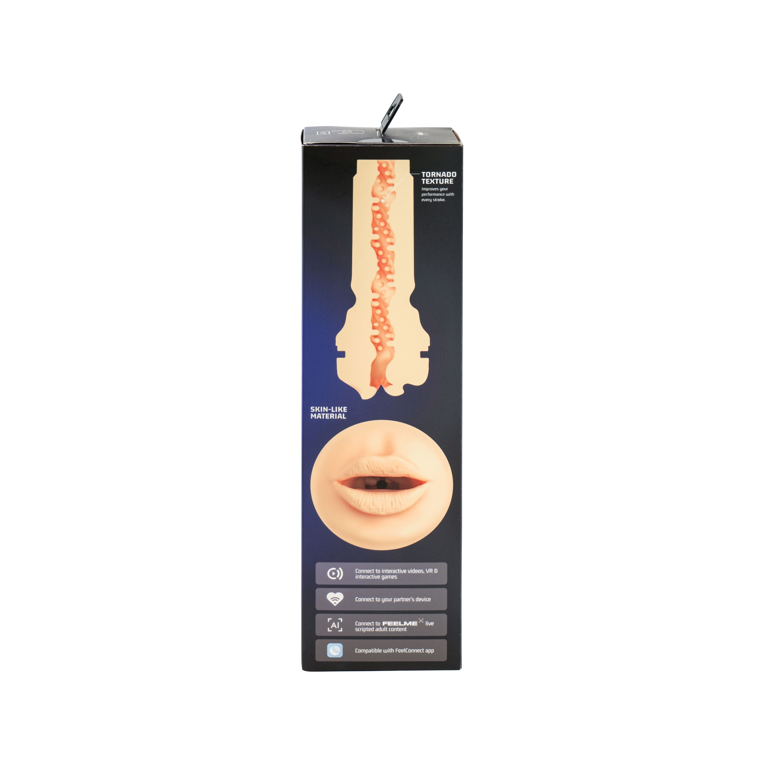 El empaque muestra material similar a la piel y un diseño de boca.