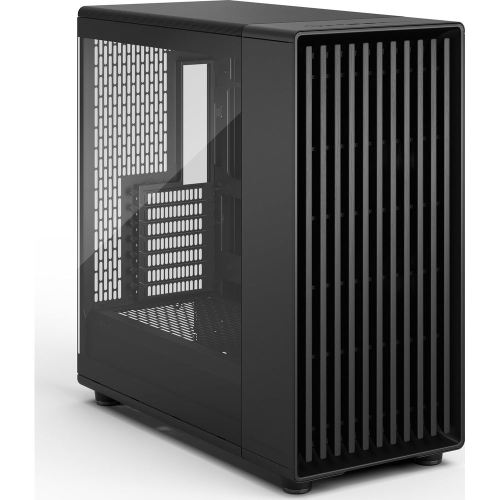 Schwarzes PC-Gehäuse mit Glasfenster und Lüftungsschlitzen.