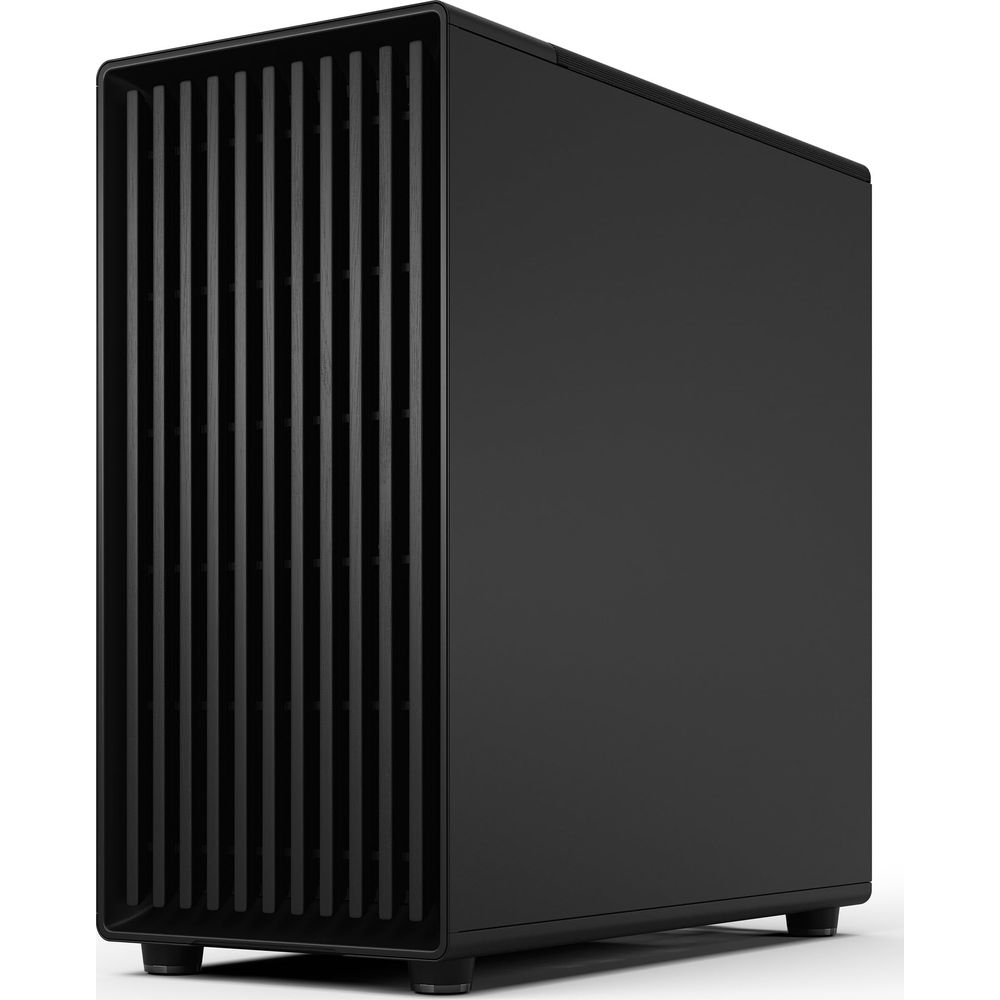 Ein schwarzes Computergehäuse mit vertikalen Lüftungsschlitzen auf der Vorderseite.