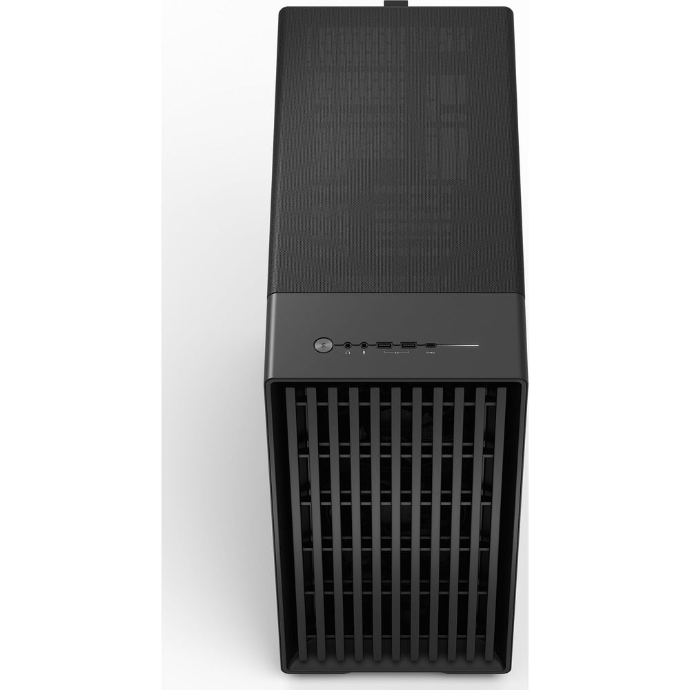 Ein schwarzes Computergehäuse mit Lüftungsschlitzen oben und vorne.