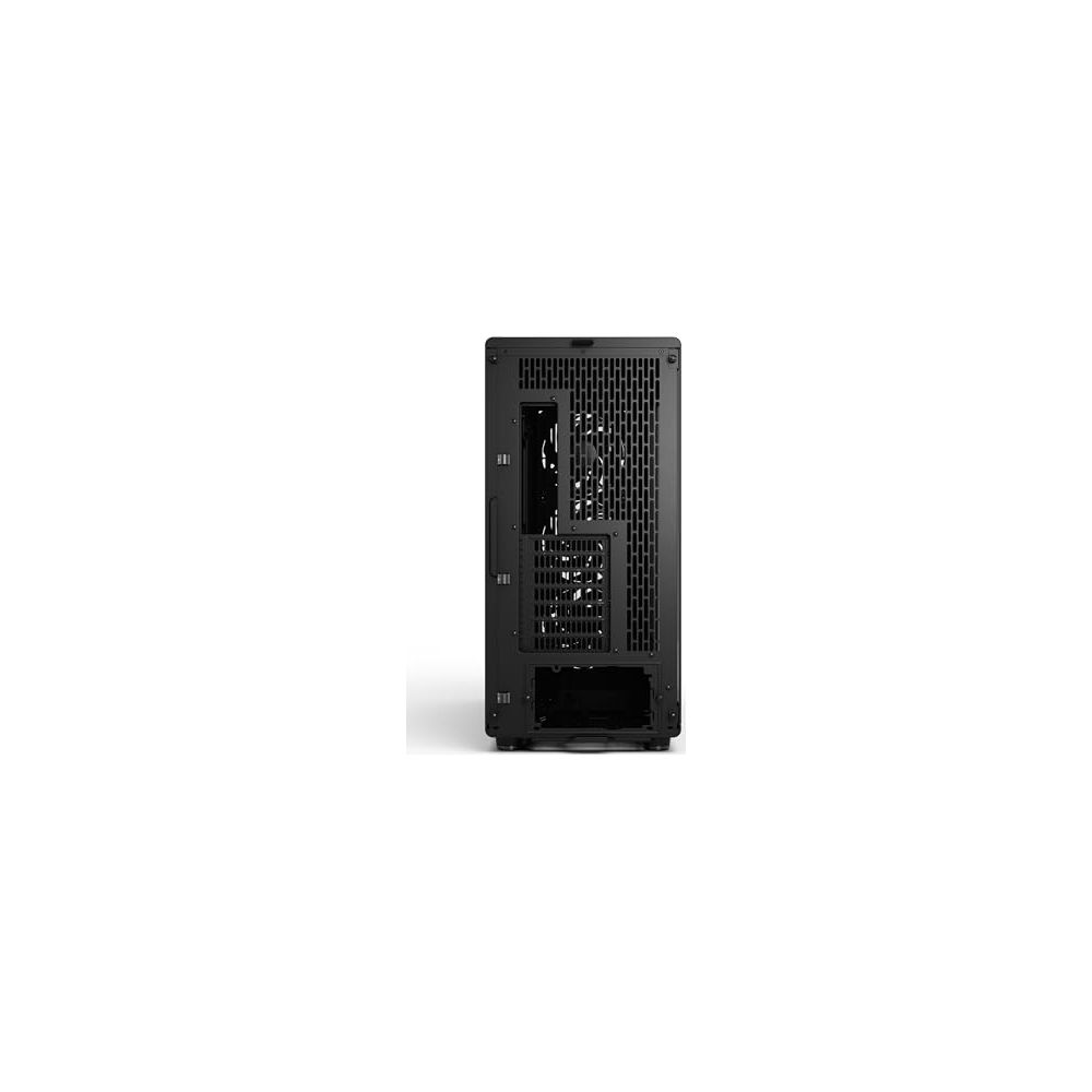 Schwarzes Computergehäuse von hinten mit Lüftergittern und Anschlüssen.