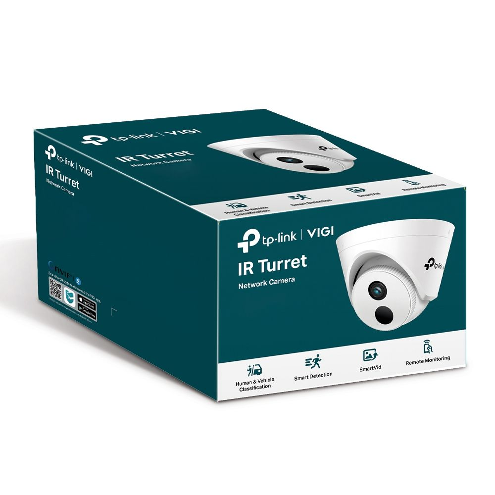 Telecamera di rete TP-Link VIGI IR Turret su confezione scura con immagine prodotto.