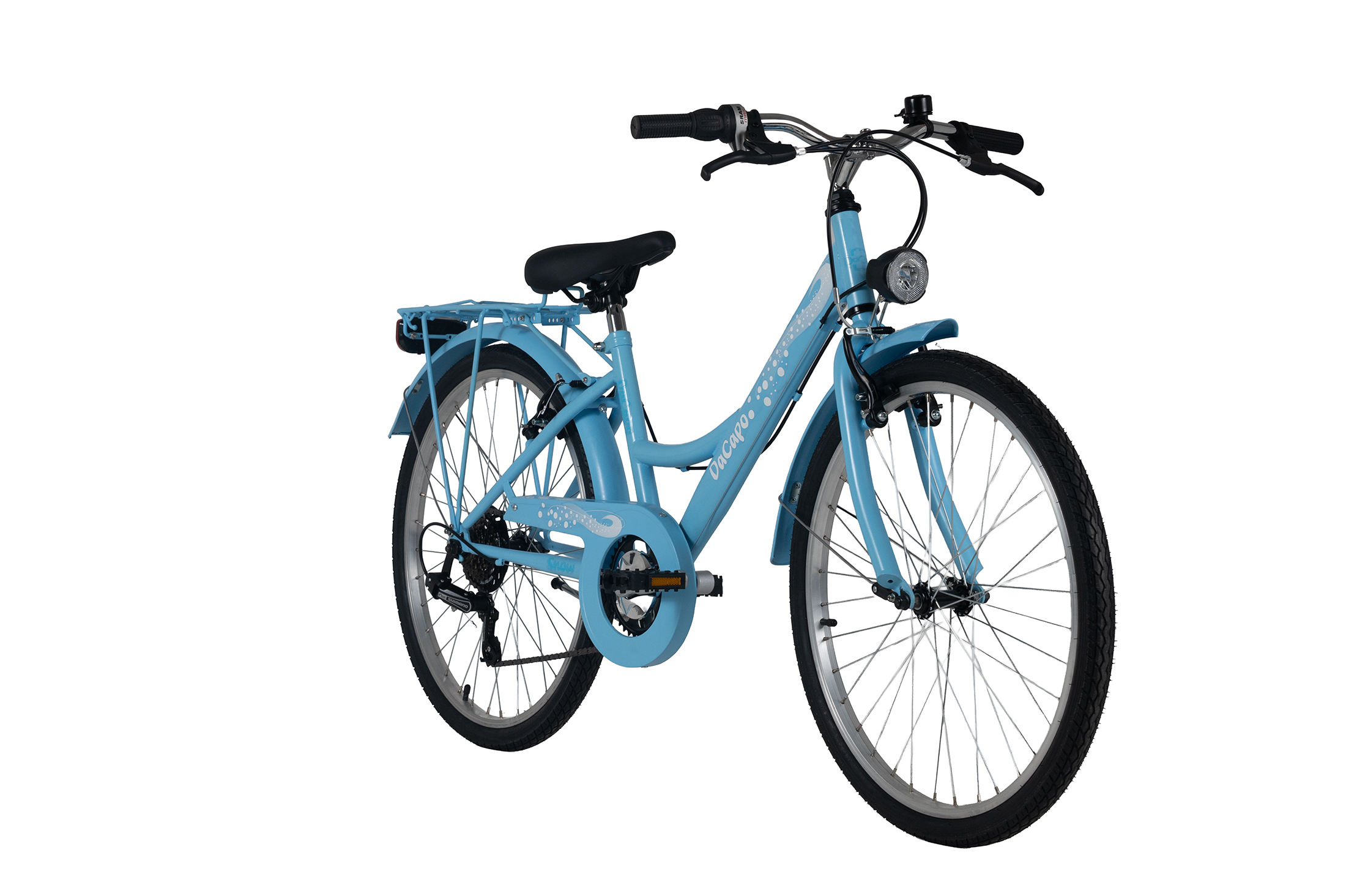 Ein hellblaues Fahrrad mit Gepäckträger, Vorderlicht und Schriftzug.