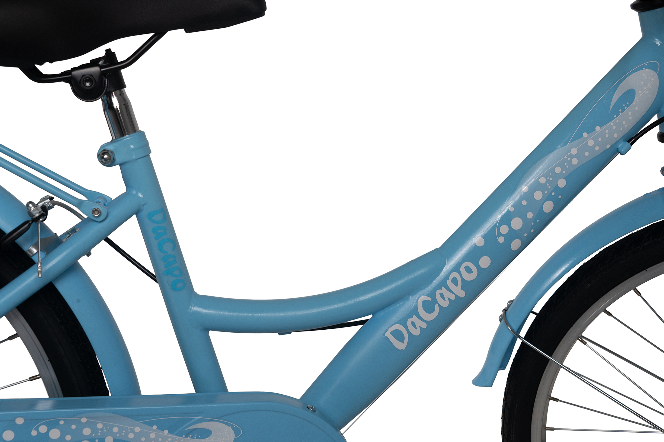 Hellblaue Damenrad-Detailansicht mit Schriftzug 