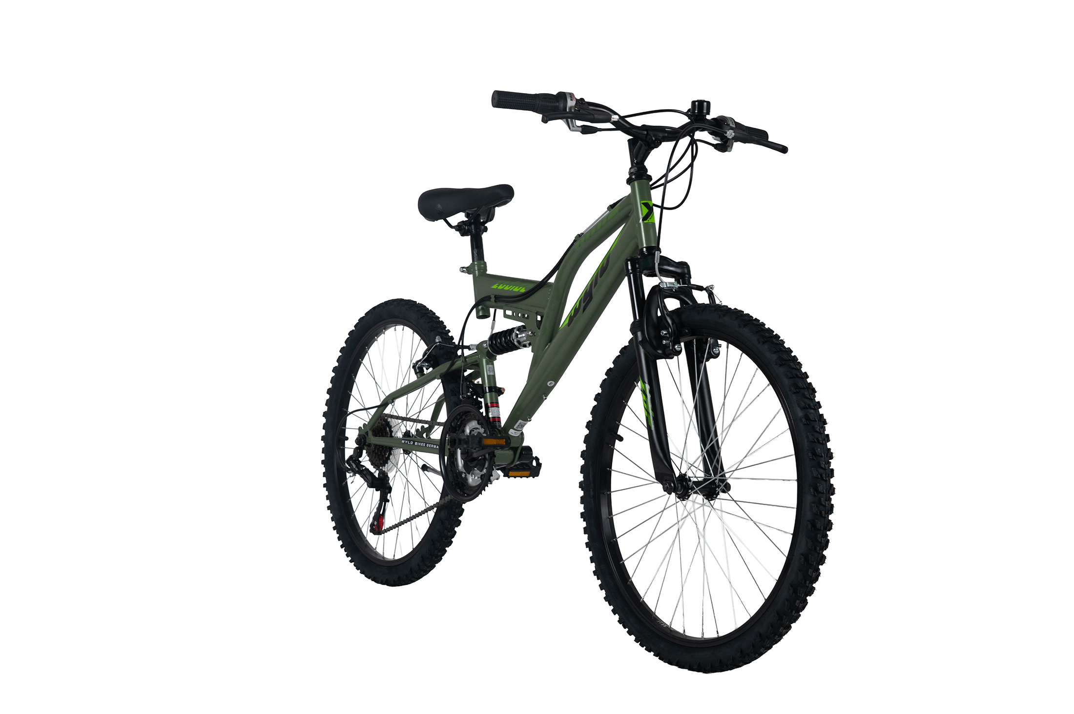 Ein grünes Mountainbike mit voller Federung und schwarzen Reifen, weißer Hintergrund.