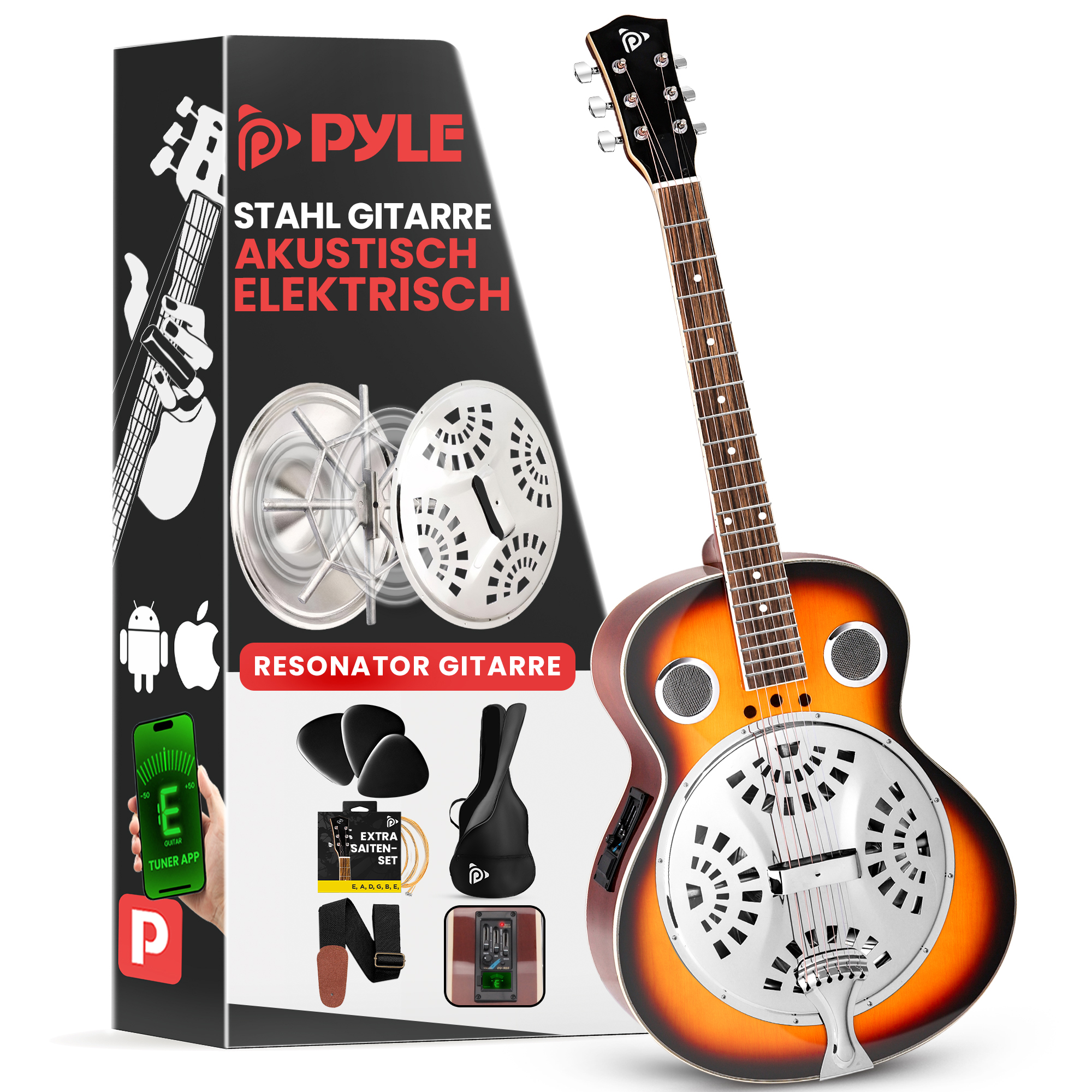 Eine braun-orange Resonator-Gitarre mit Zubehör und Produktverpackung.
