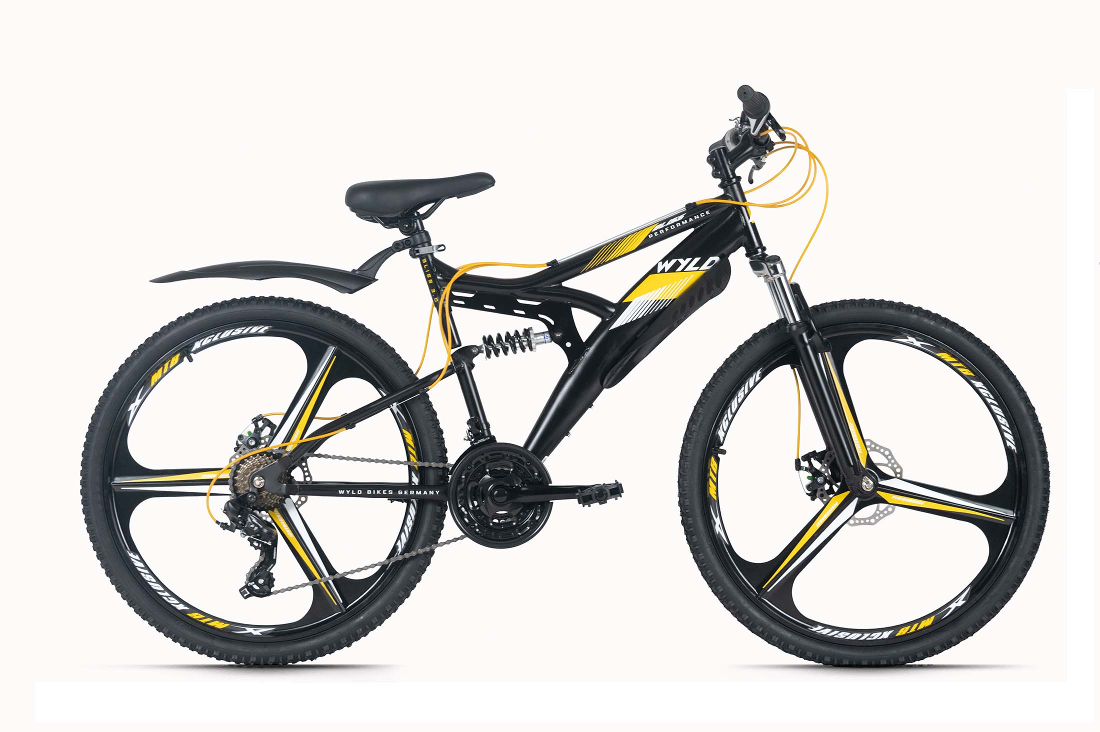 Schwarzes Mountainbike mit gelben Akzenten und Federung.