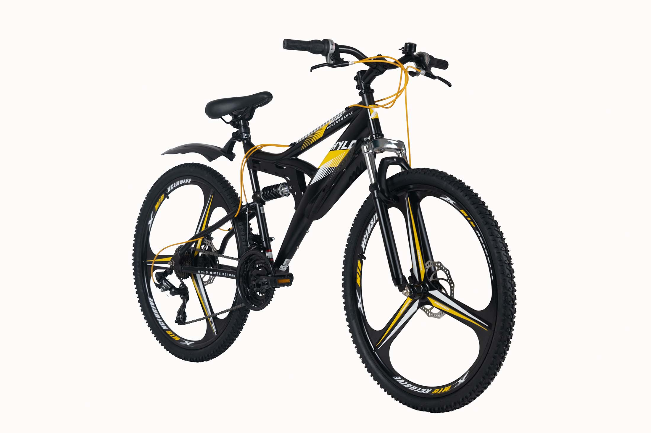Ein schwarzes Mountainbike mit gelben Akzenten und Scheibenbremsen.