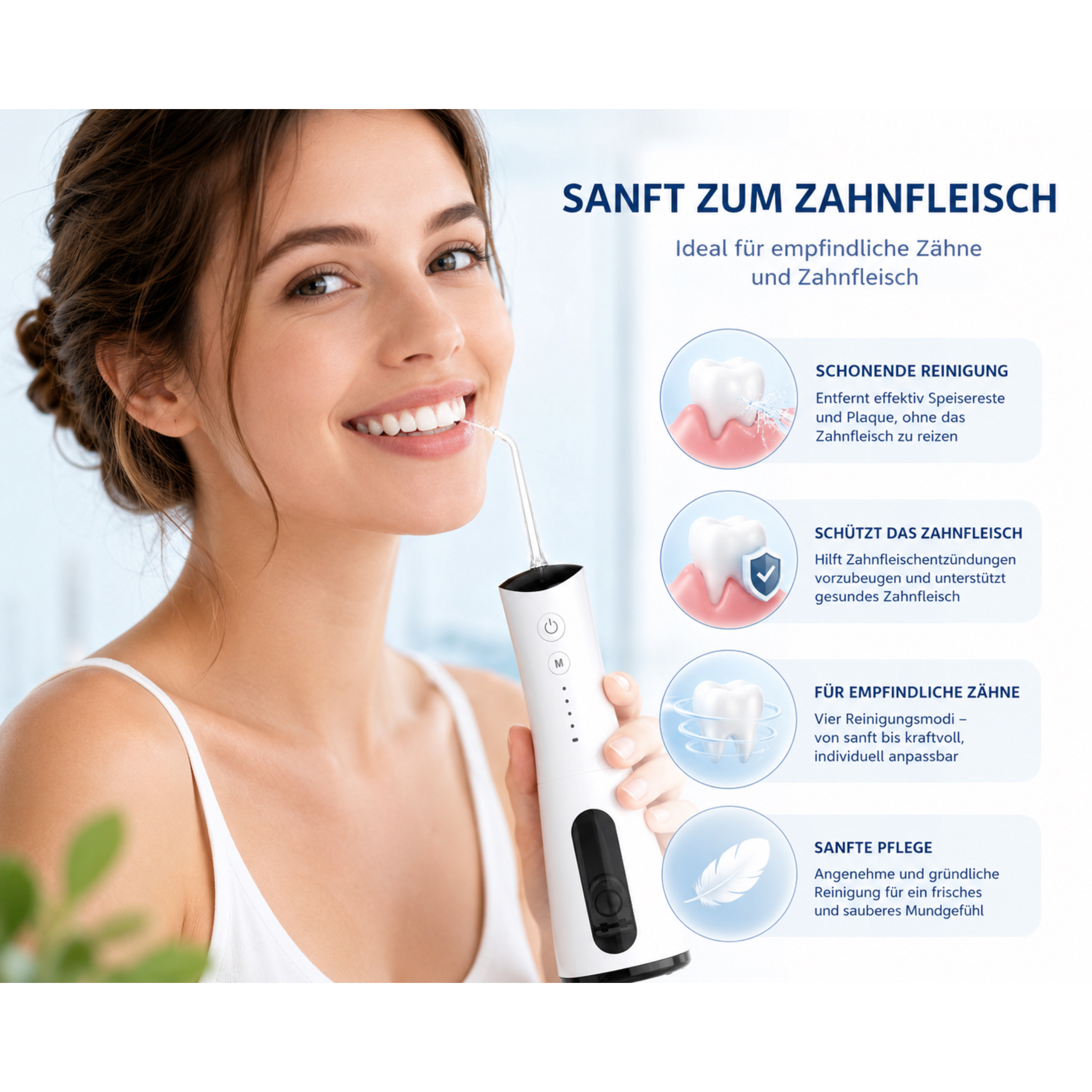 Eine Frau lächelt und hält einen weißen Mundpflege-Sprühkopf.