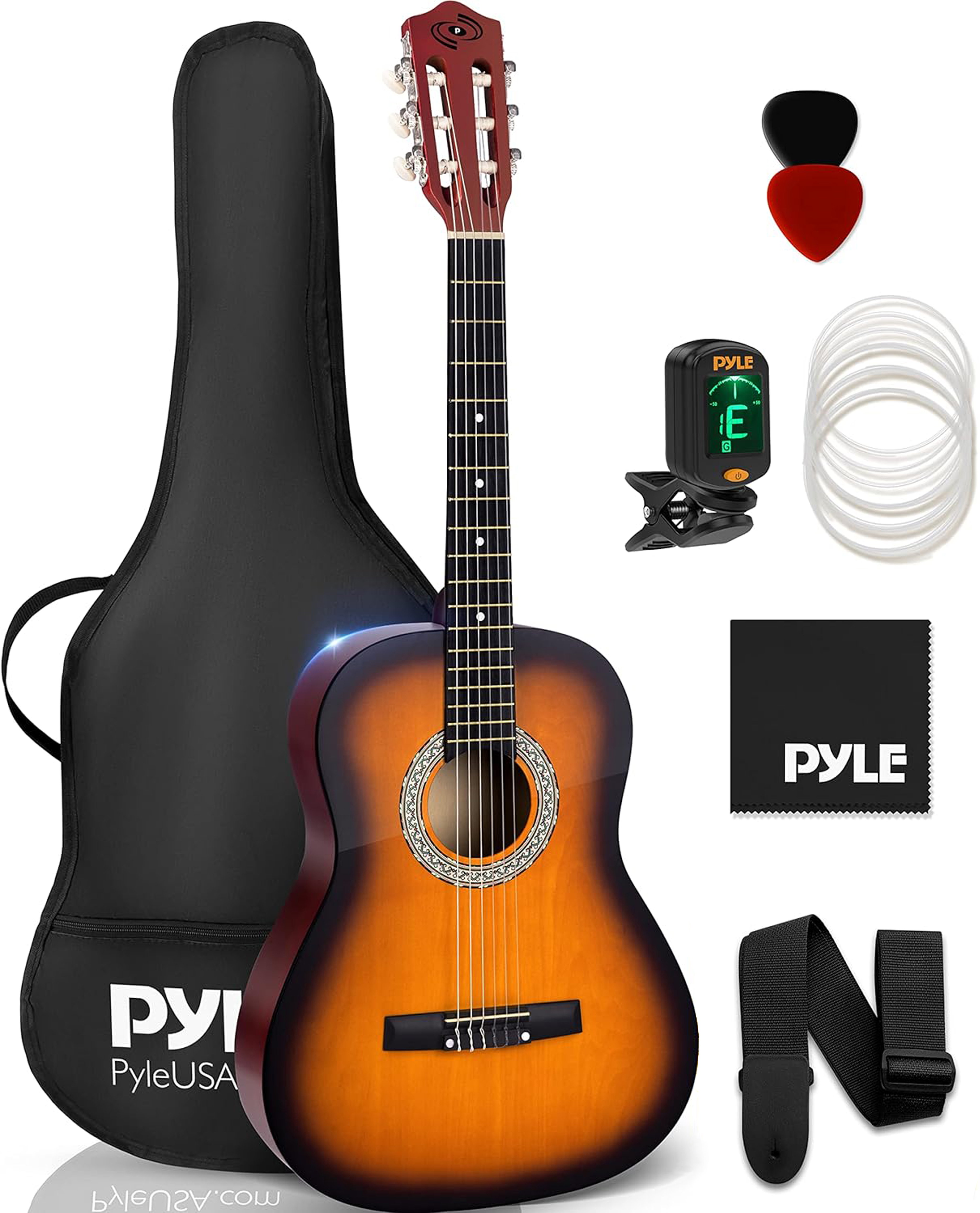 Eine Gitarre mit Zubehör: Tasche, Plektren, Stimmgerät, Saiten, Tuch und Gurt.