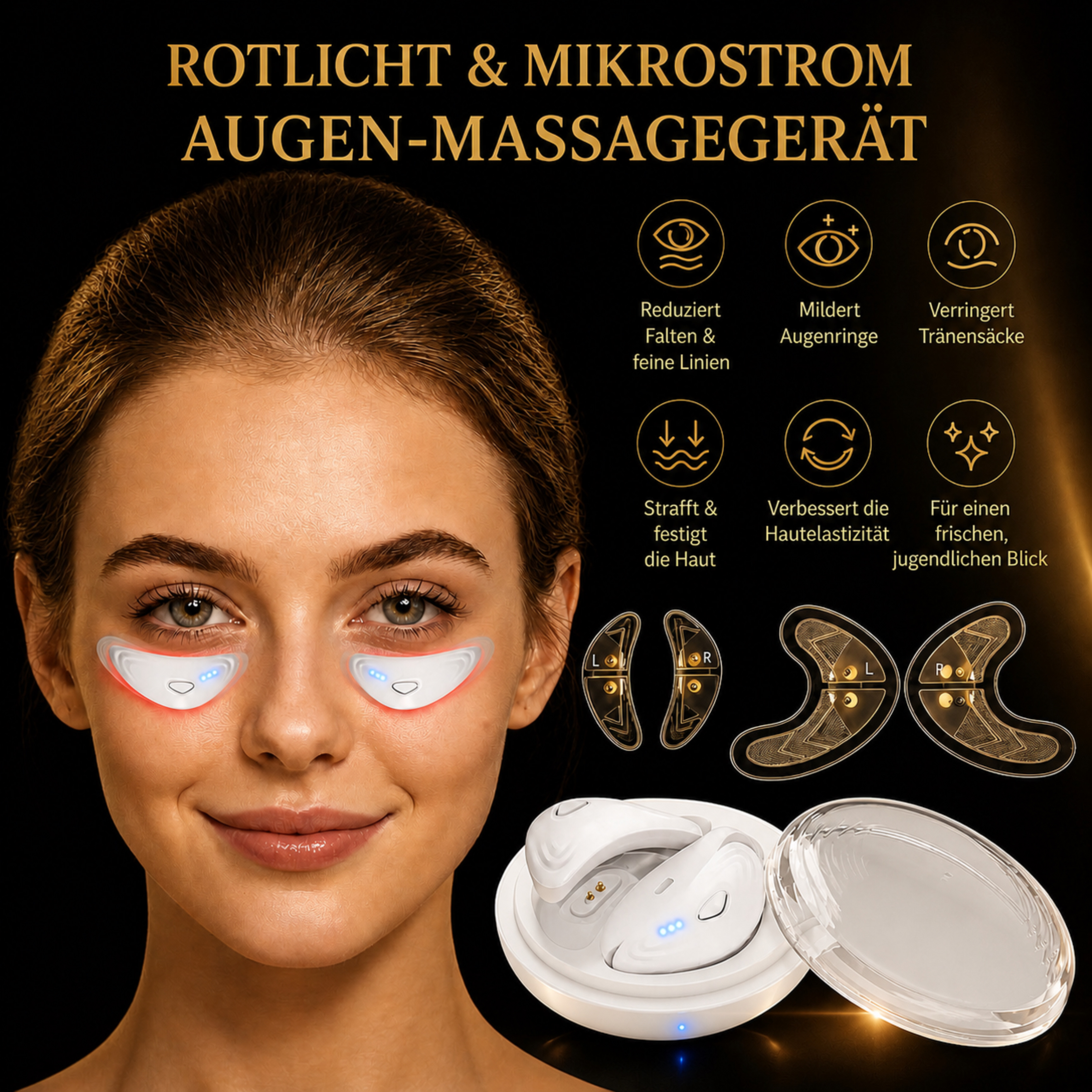Donna con patch oculari rossi, prodotto e icone skincare.