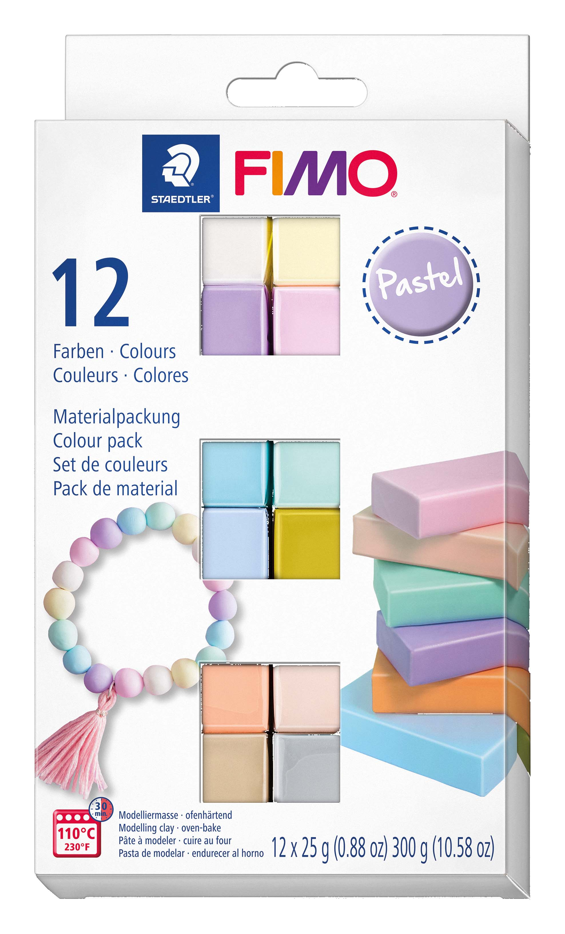 FIMO Bastelmasse-Set mit 12 Pastellfarben, rechteckig und kugelförmig.