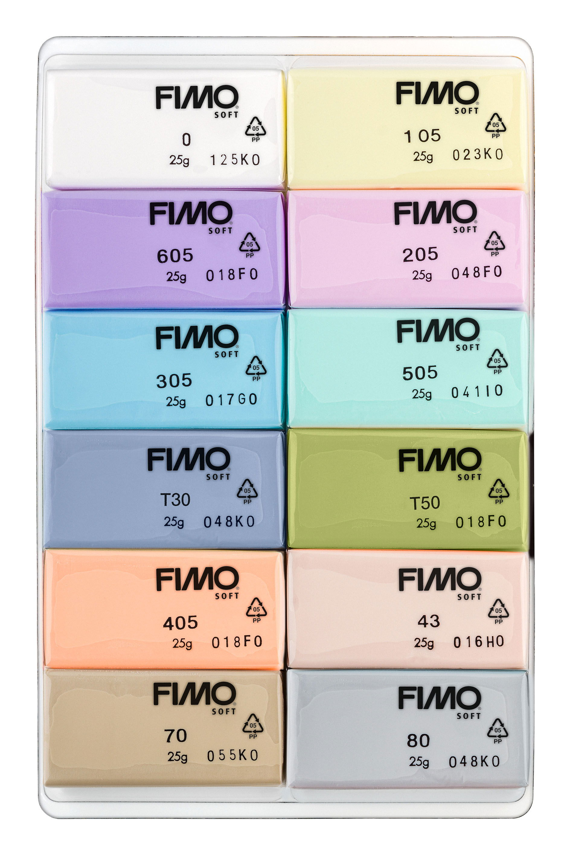 Verpackung mit 12 Blöcken Fimo Soft Modelliermasse in verschiedenen Farben.