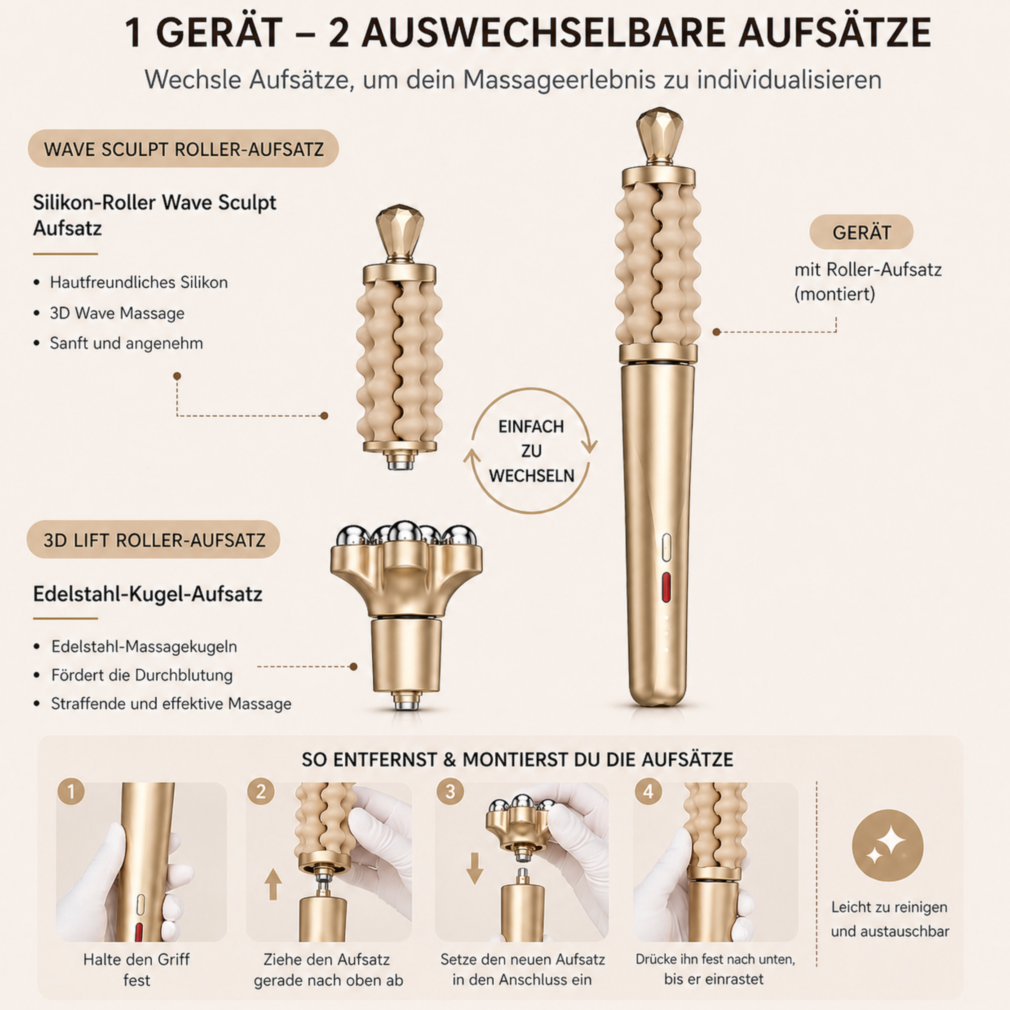 Ein goldener Massagegriff mit zwei austauschbaren Aufsätzen: ein Wellenroller und Kugeln.