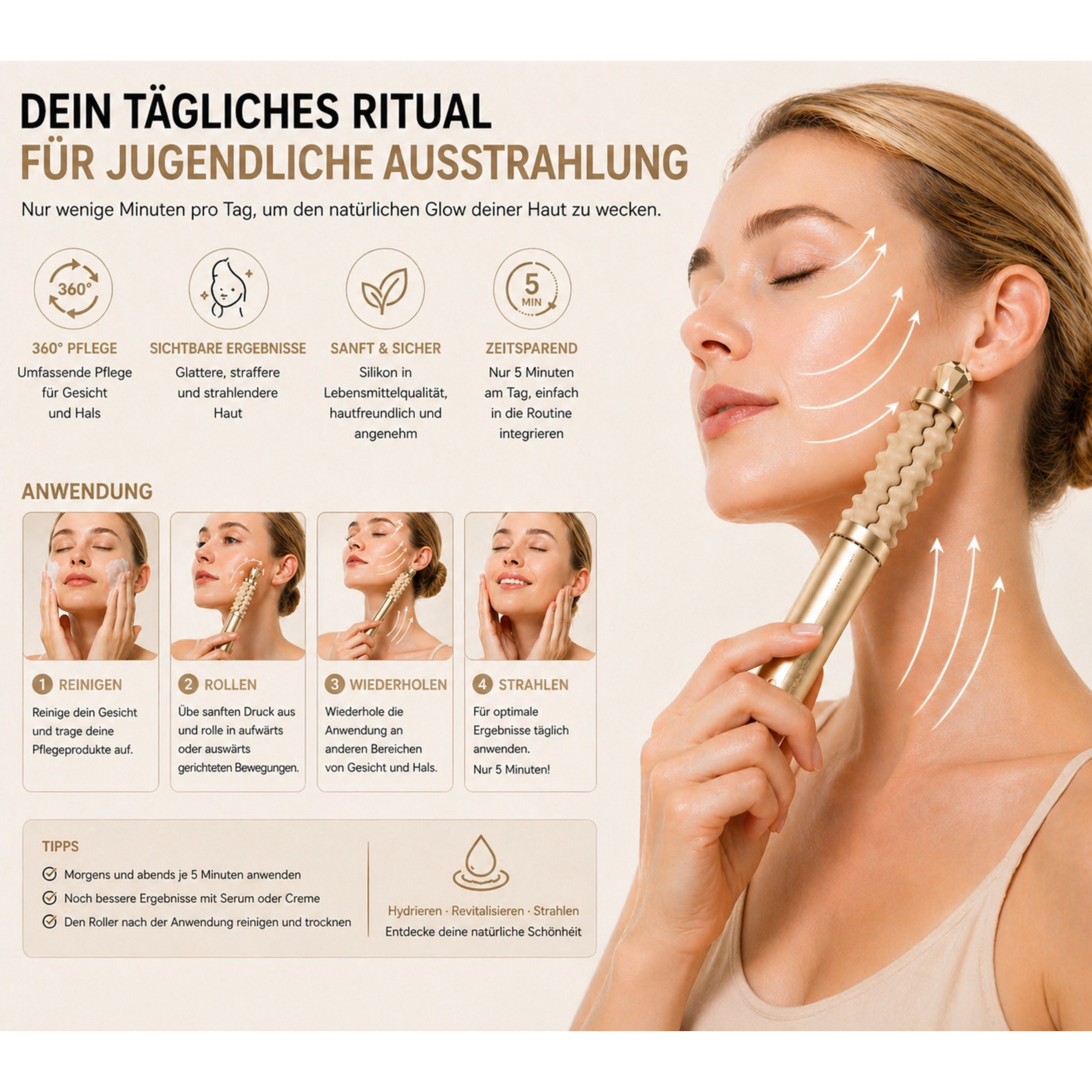 Frau mit goldenem Hautpflege-Roller auf dem Gesicht, mit Pfeilen für Lifting-Effekt.
