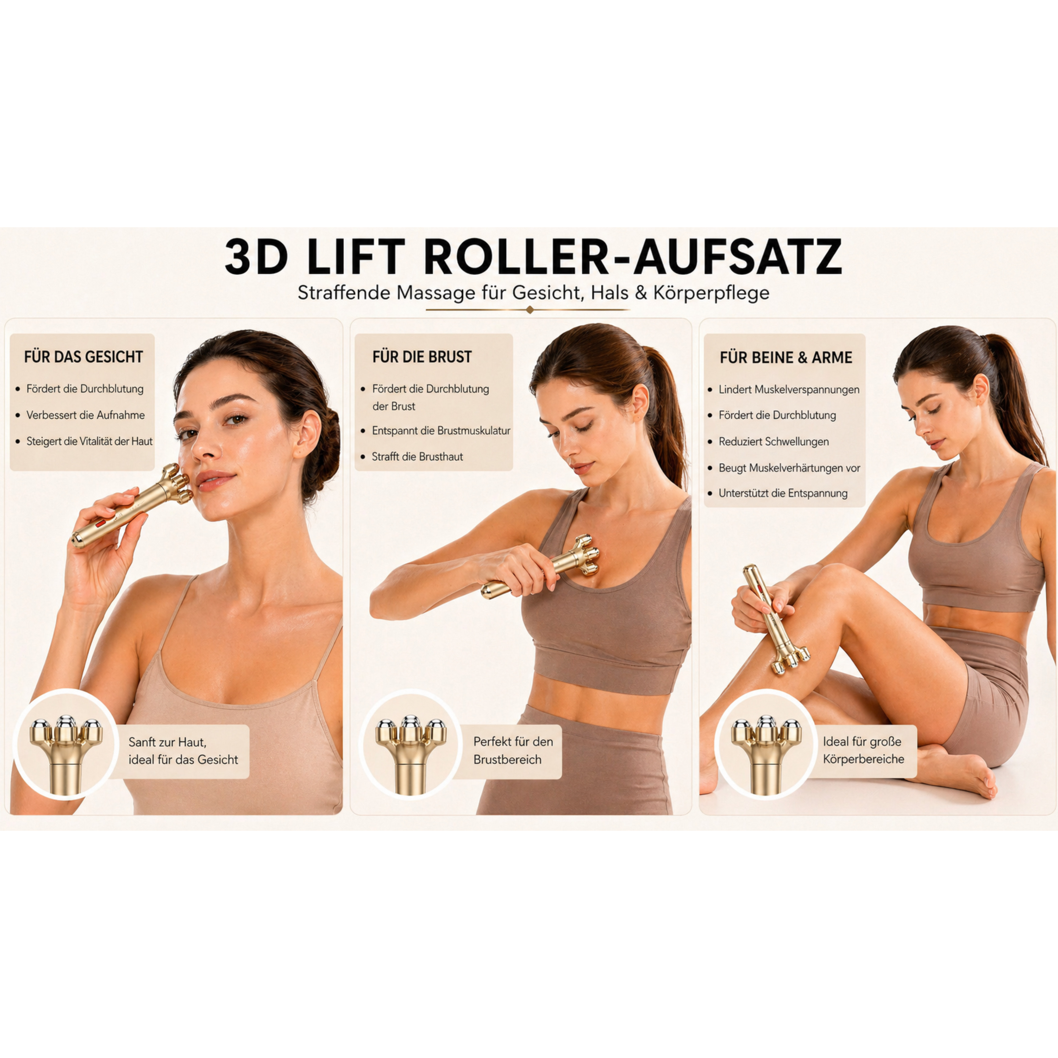 Drei Frauen nutzen einen goldenen 3D-Roller für Gesicht, Brust und Beine.