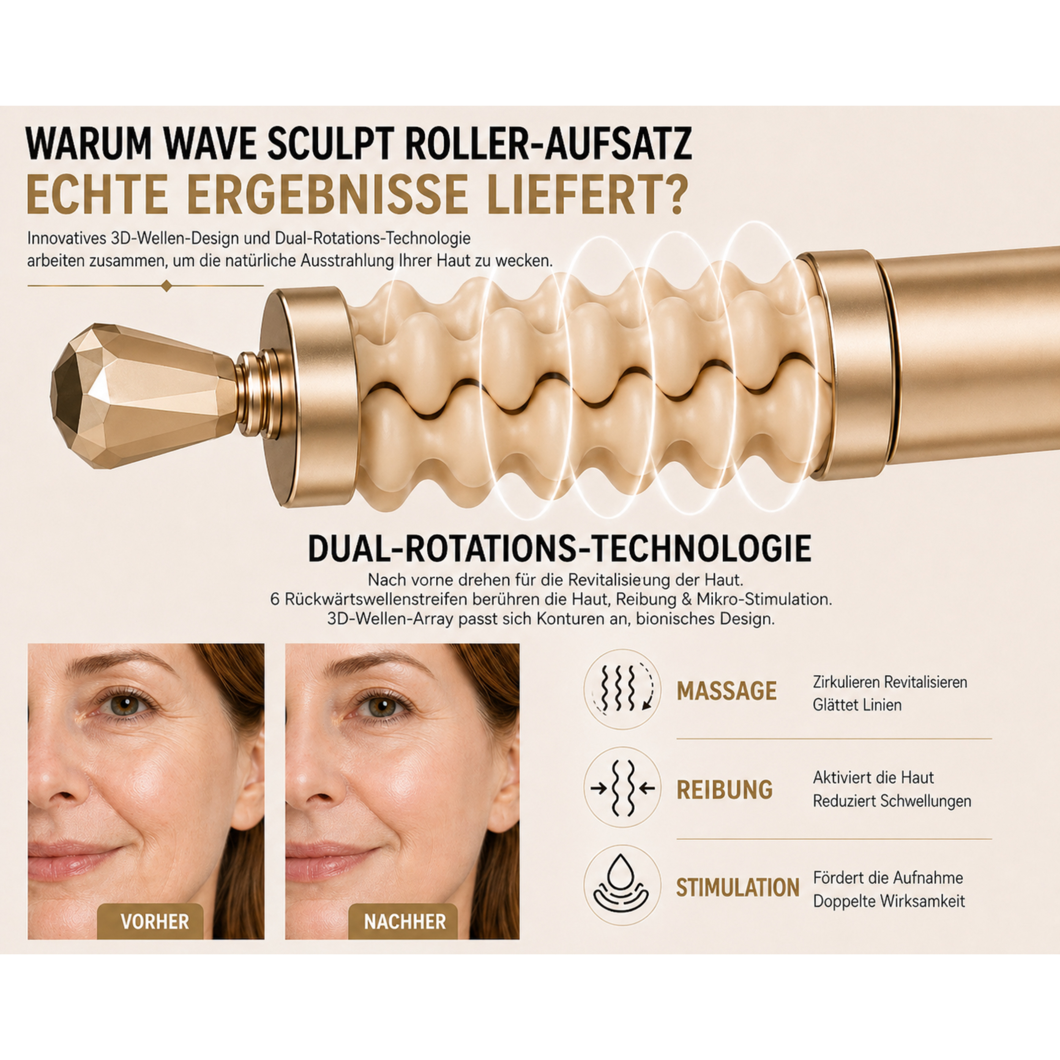 Goldener Hautroller mit 3D-Wellen-Design, zeigt Vorher-Nachher-Ergebnisse.