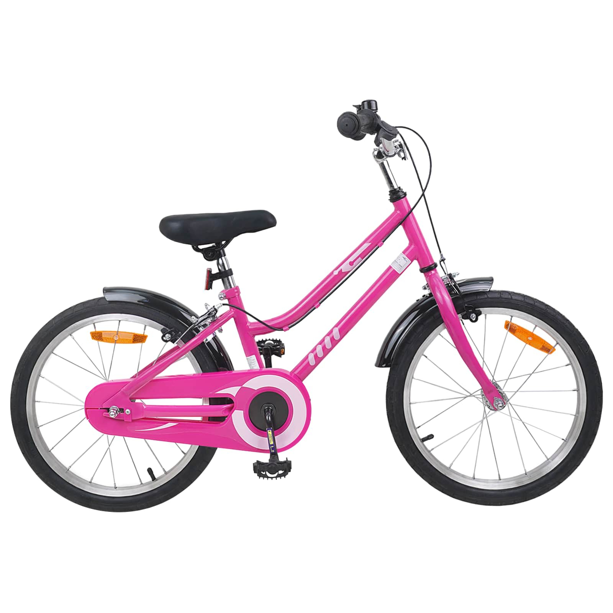 Ein pinkes Kinderfahrrad mit schwarzen Schutzblechen und einem schwarzen Sattel.