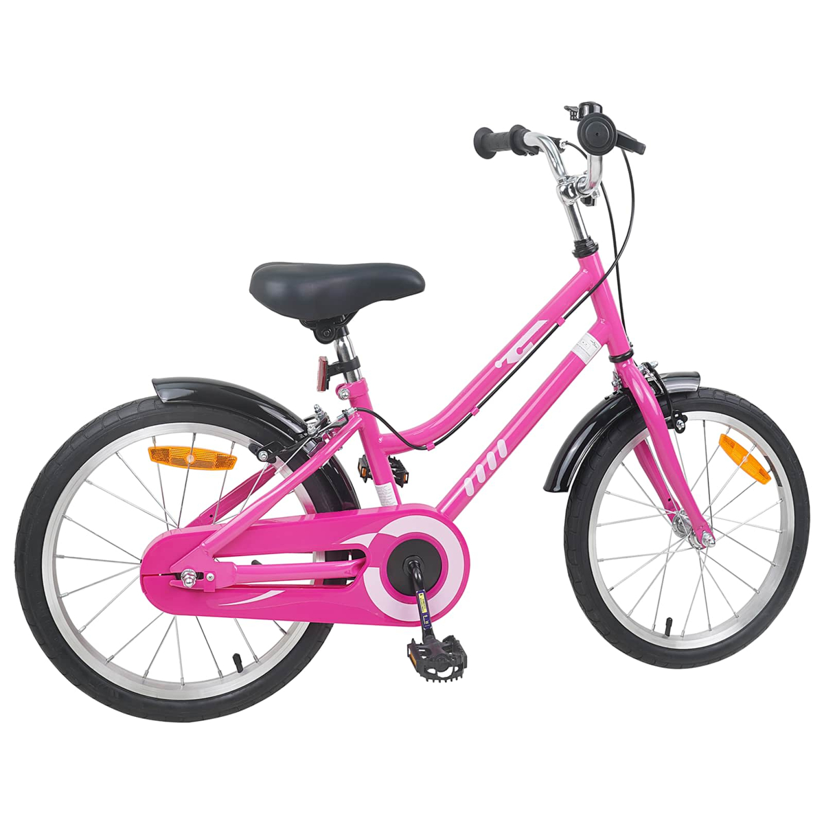 Ein pinkes Kinderfahrrad mit schwarzen Schutzblechen und Reflektoren.