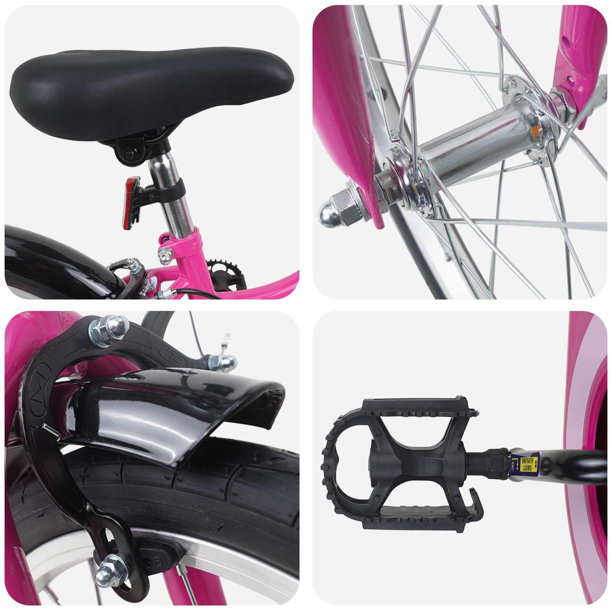 Vier Ausschnitte eines rosa Fahrrads: Sattel, Vorderradnabe, Bremse, Pedal.