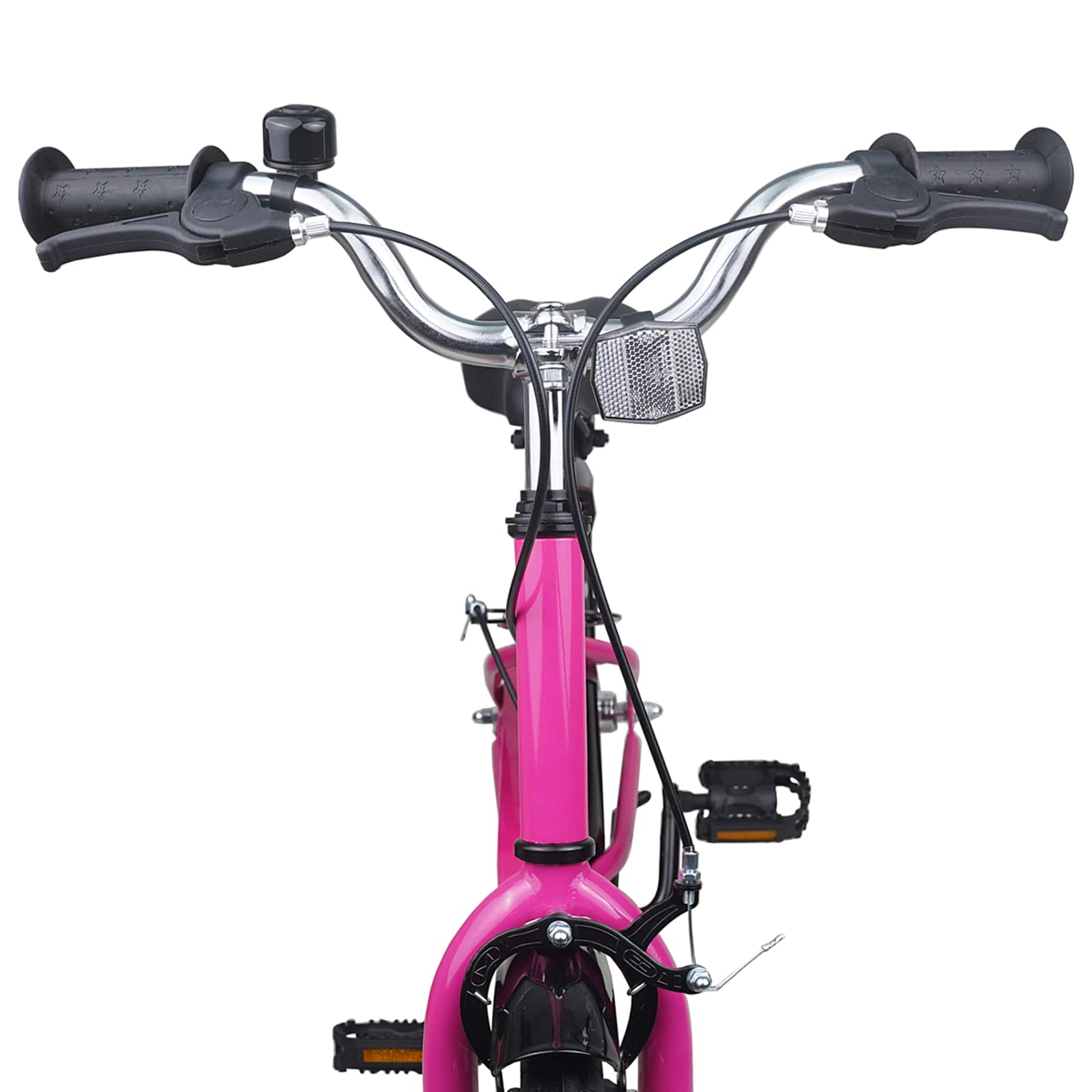 Nahaufnahme eines rosa Fahrradlenkers mit Klingel, Bremsen und Reflektor.