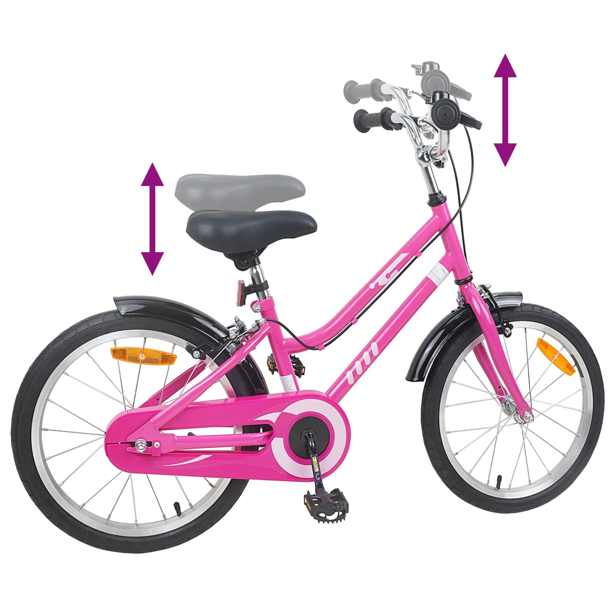 Ein pinkes Kinderfahrrad mit verstellbarem Sattel und Lenker.
