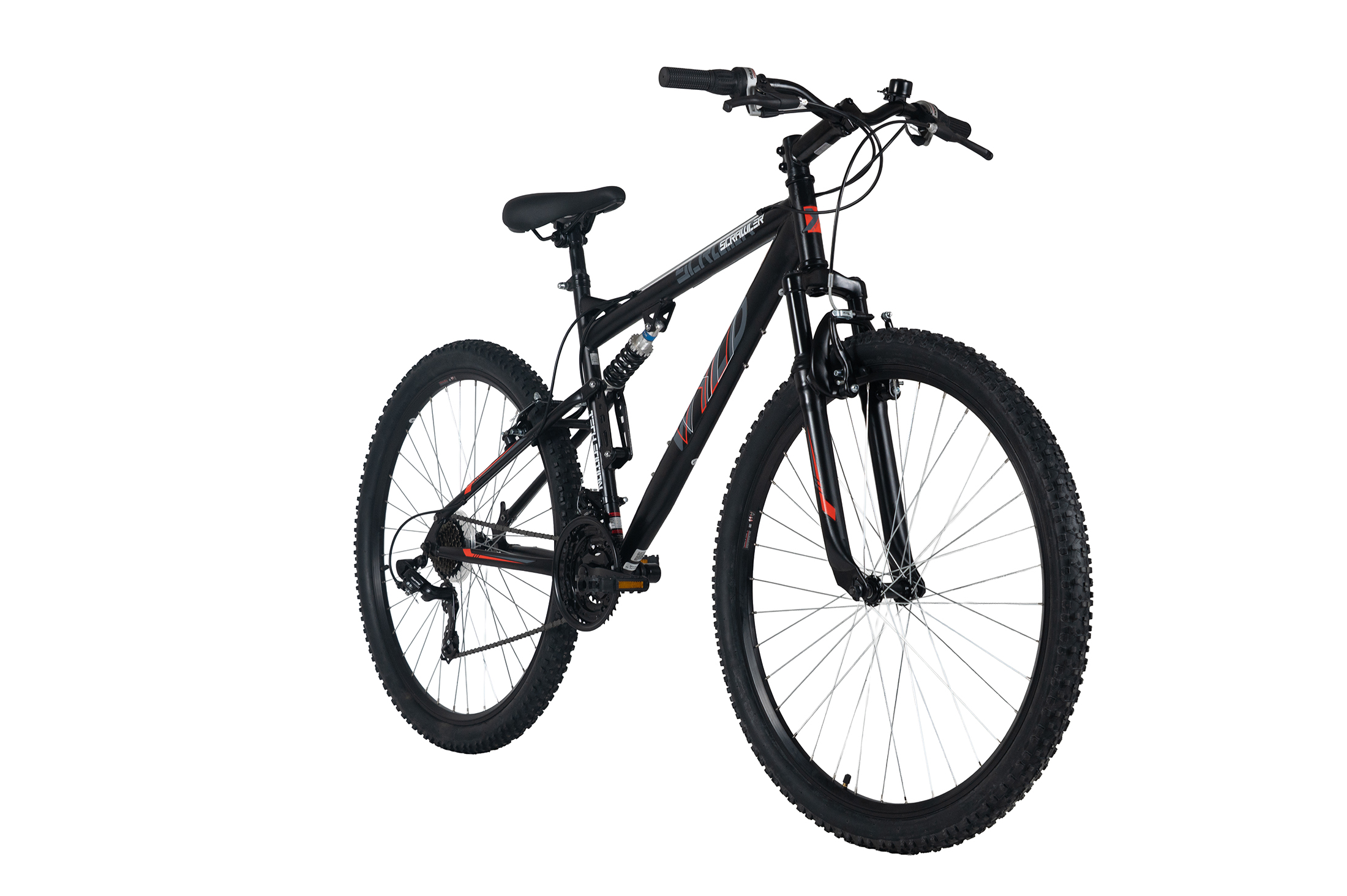 Ein schwarzes Mountainbike mit roten Akzenten auf weißem Hintergrund.