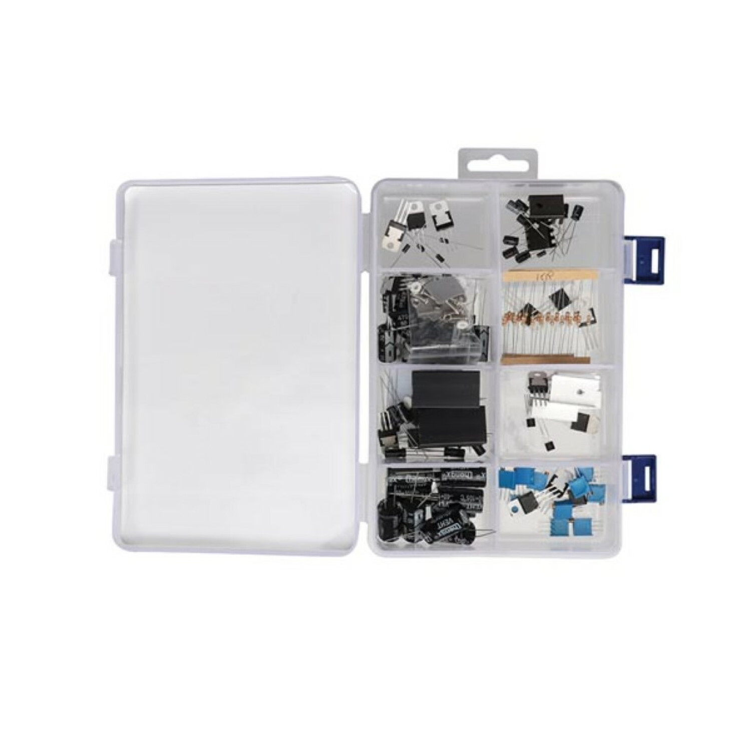 Una scatola organizer in plastica aperta riempita con vari componenti elettronici come transistor e condensatori.