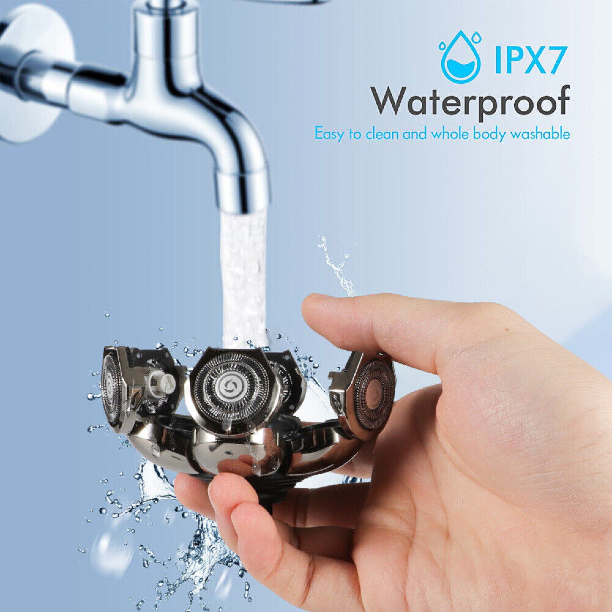 Eine Hand hält einen Rasierkopf unter fließendem Wasser, IPX7 wasserdicht.