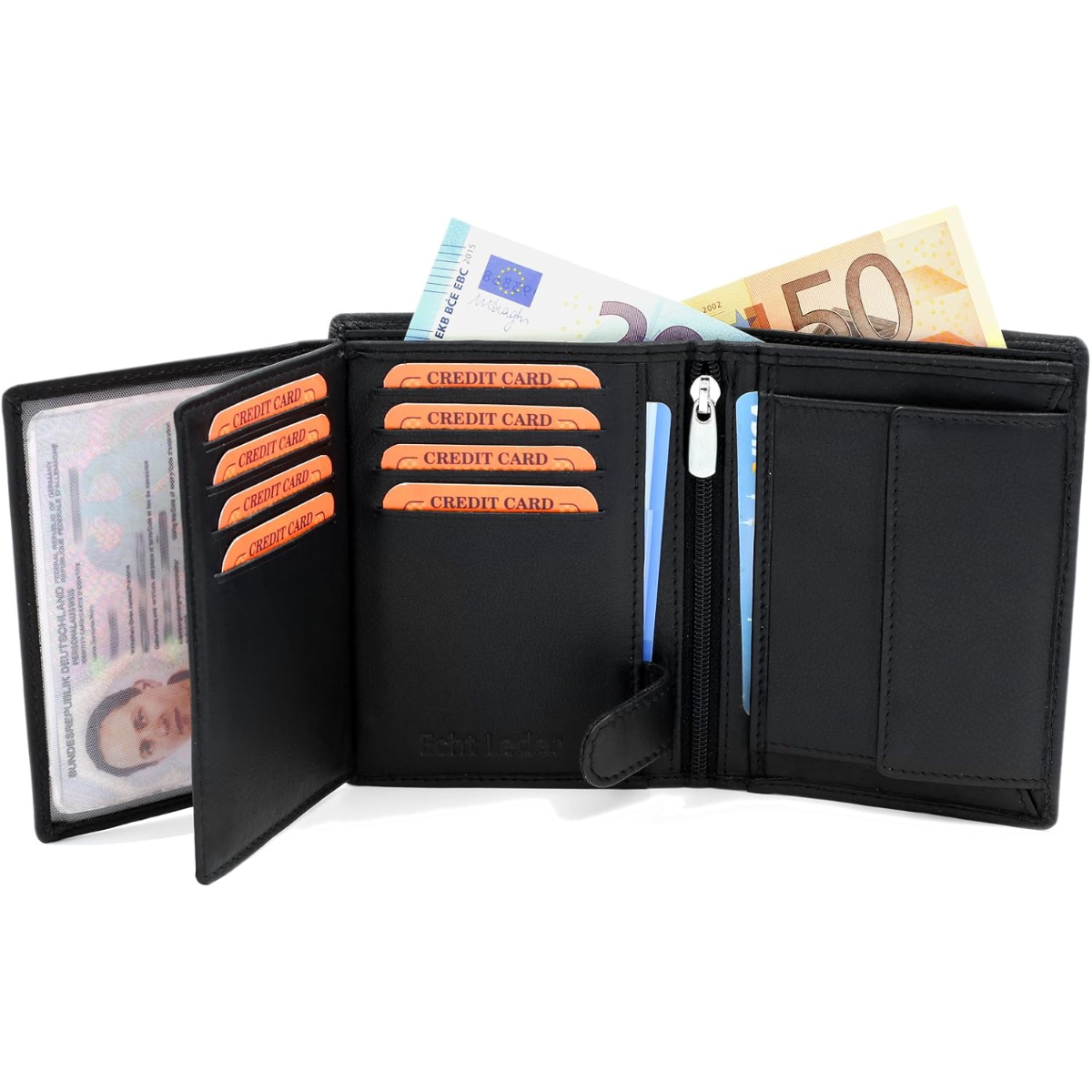 Cartera de cuero negra con DNI, múltiples ranuras para tarjetas y billetes.