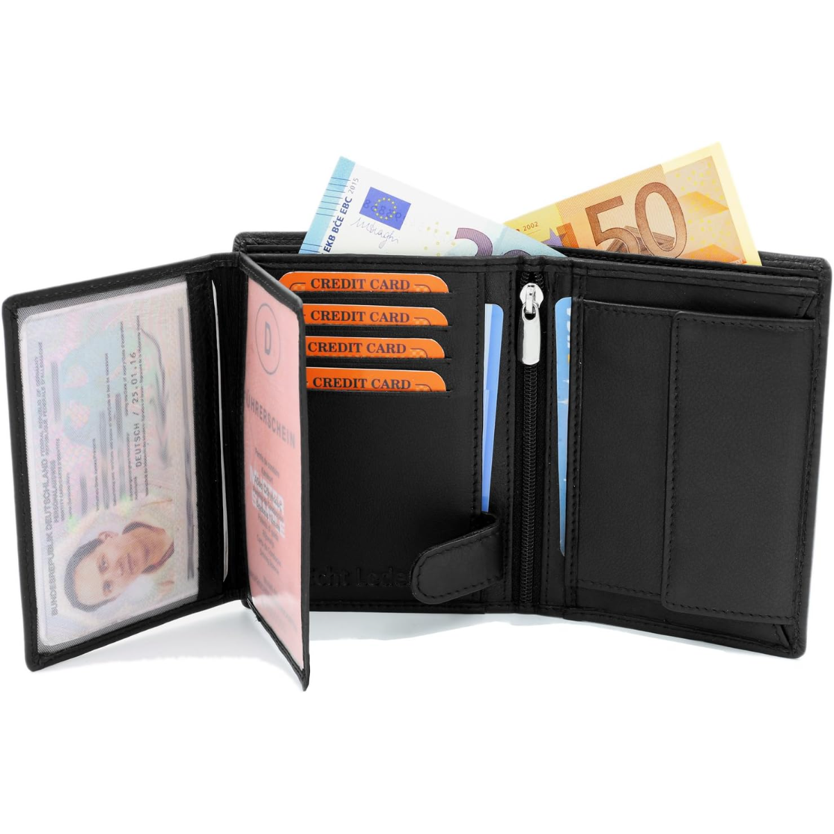 Cartera negra con DNI, tarjetas de crédito y billetes. Bolsillo con cremallera.