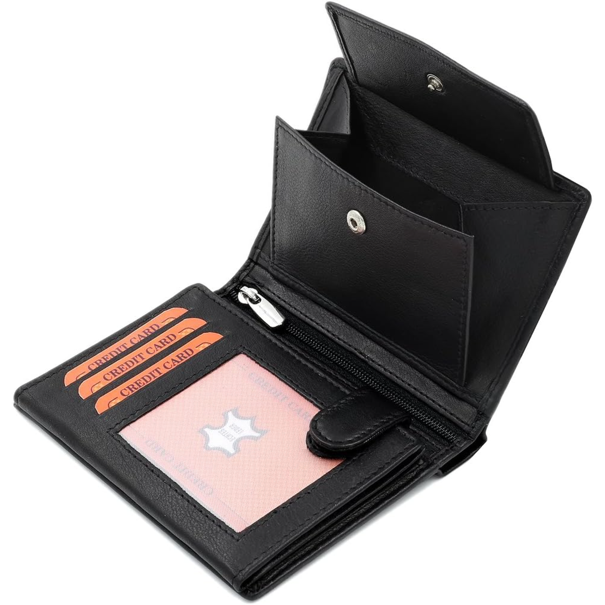 Una cartera negra de cuero abierta con varios compartimentos y ranuras para tarjetas.