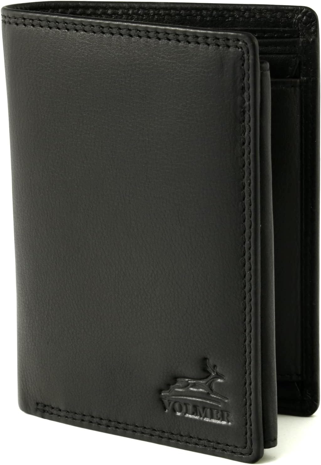 Cartera de cuero negra con logo de ciervo y costuras.