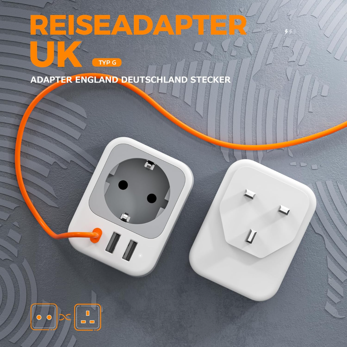 Adaptador de viaje británico Tipo G con puertos USB y enchufe británico.