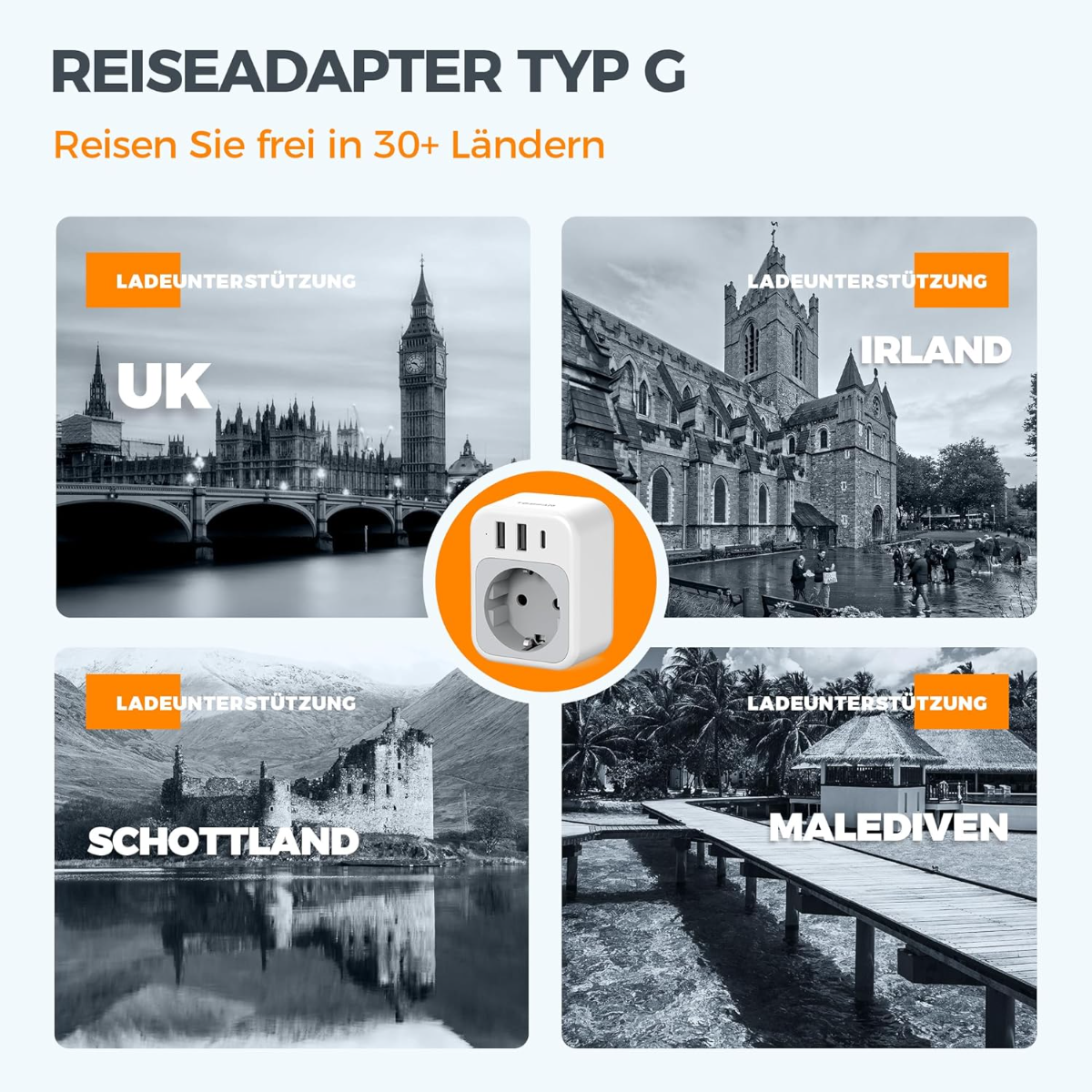 Adaptador de viaje Tipo G con imágenes de Reino Unido, Irlanda, Escocia y Maldivas.