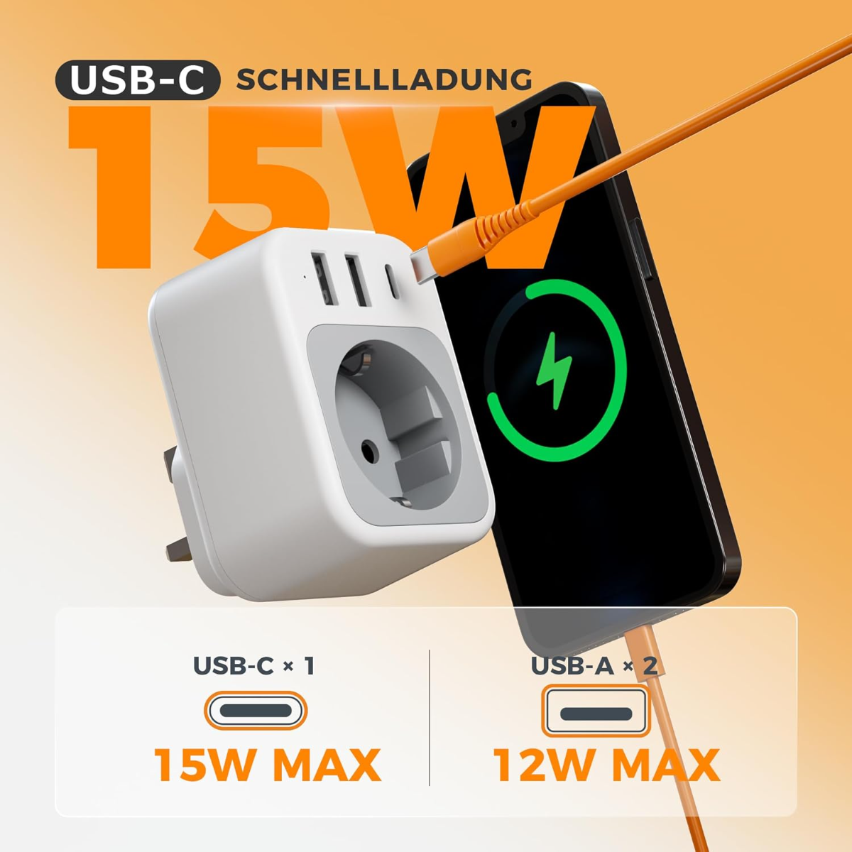 Carga rápida USB-C 15W: Un adaptador blanco con toma y tres puertos USB carga un smartphone.