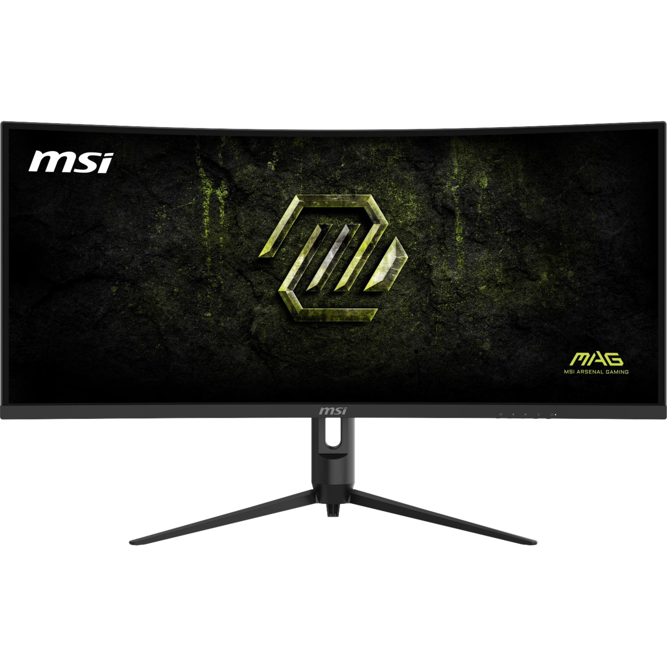 Zakrzywiony monitor gamingowy MSI z żółtym logo na ciemnym tle.