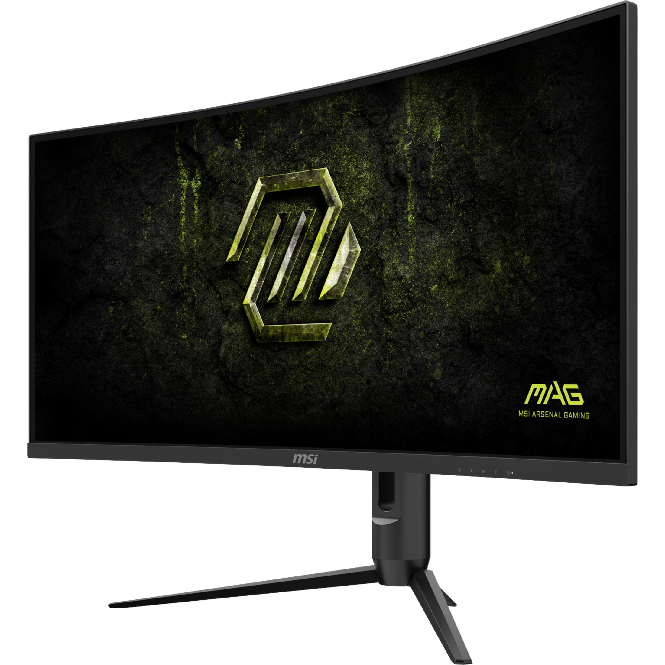 Zakrzywiony monitor gamingowy z logo MSI i zielonym wzorem.