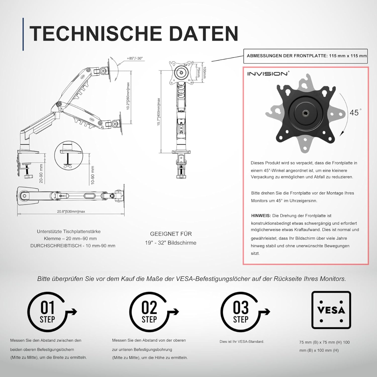 Datos técnicos de un brazo para monitor con dimensiones e instrucciones.