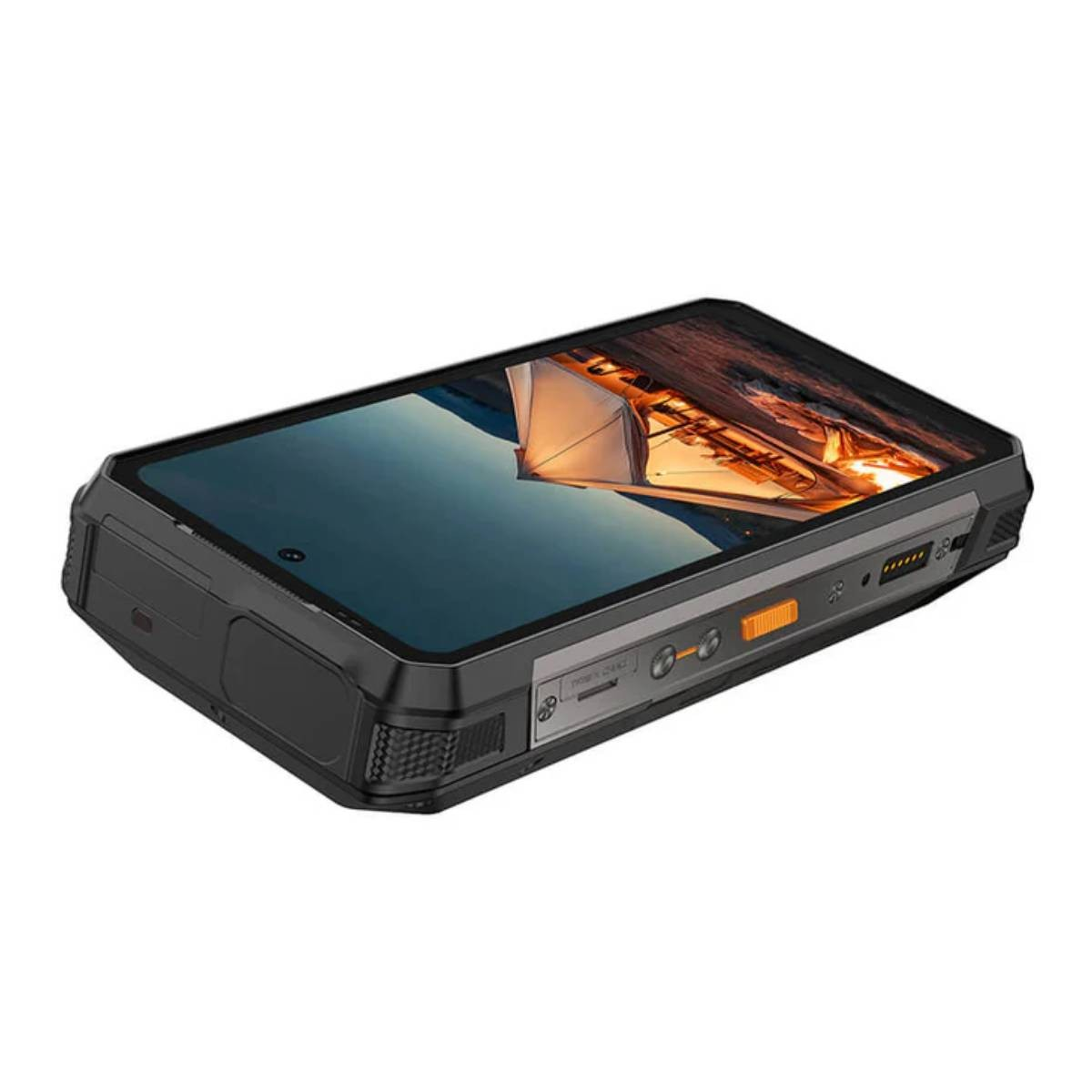 Uno smartphone robusto con sfondo di una barca a vela, pulsanti laterali e porte visibili.