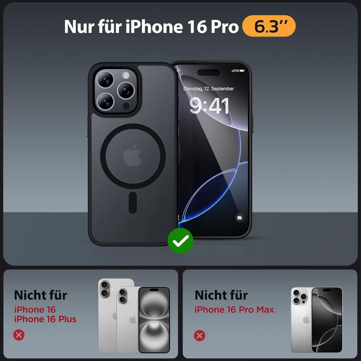Schwarze Hülle für iPhone 16 Pro (6,3 Zoll) mit Apple-Logo. Nicht für andere Modelle.