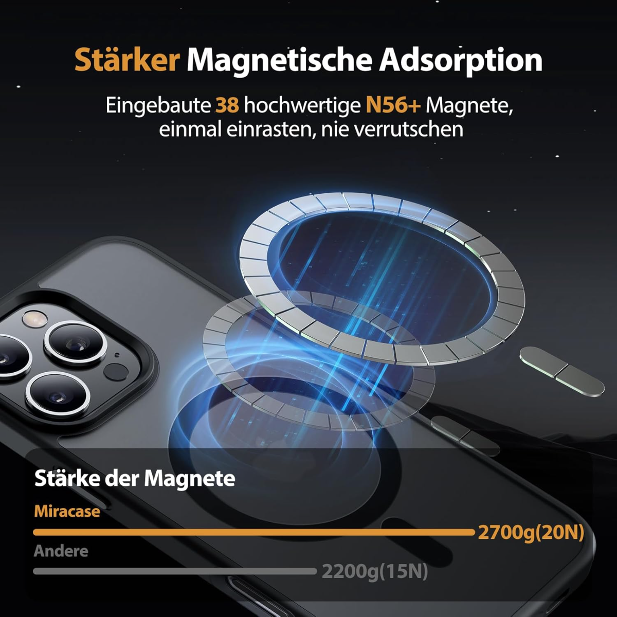 Ein schwarzes Handy mit magnetischem Ring. Starke Magnetadsorption, 38 N56+ Magnete.