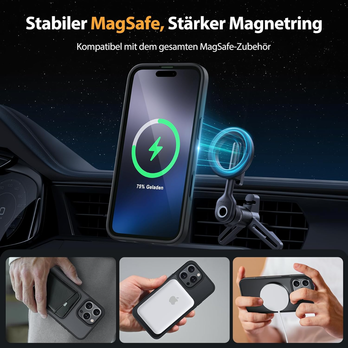 iPhone wird im Auto geladen, mit MagSafe-Zubehör und Kartenhalter.
