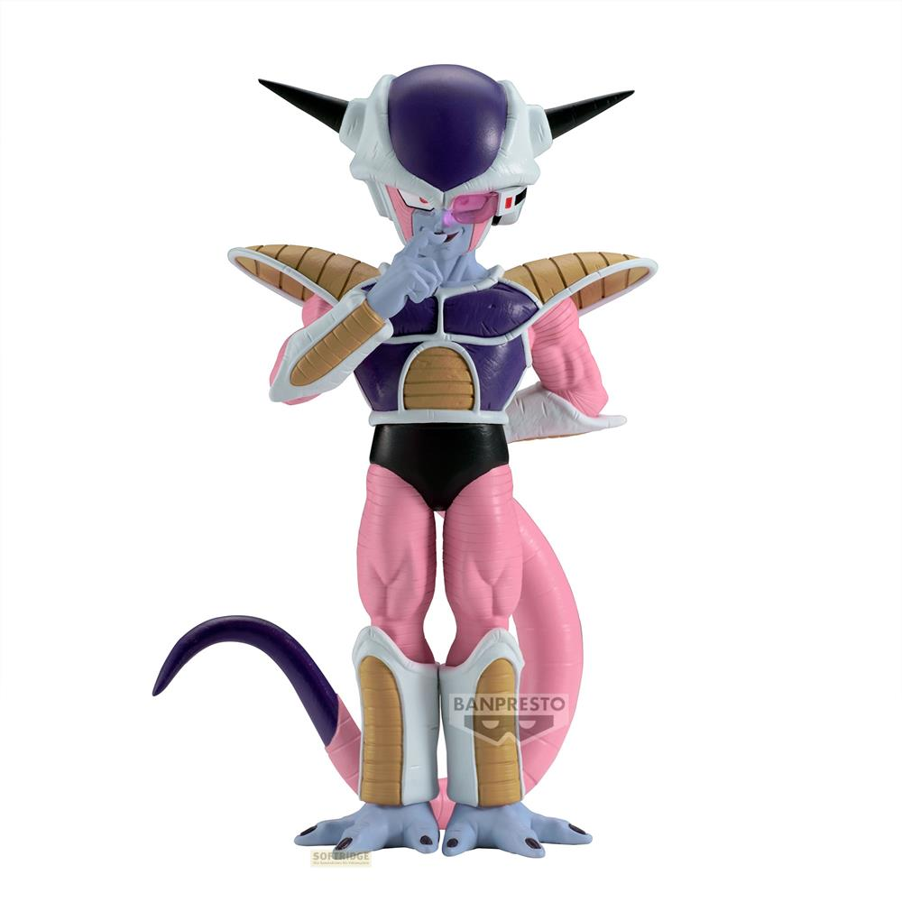 Figura di Freezer di Dragon Ball con pezzi di armatura viola, bianchi e marroni su sfondo bianco.