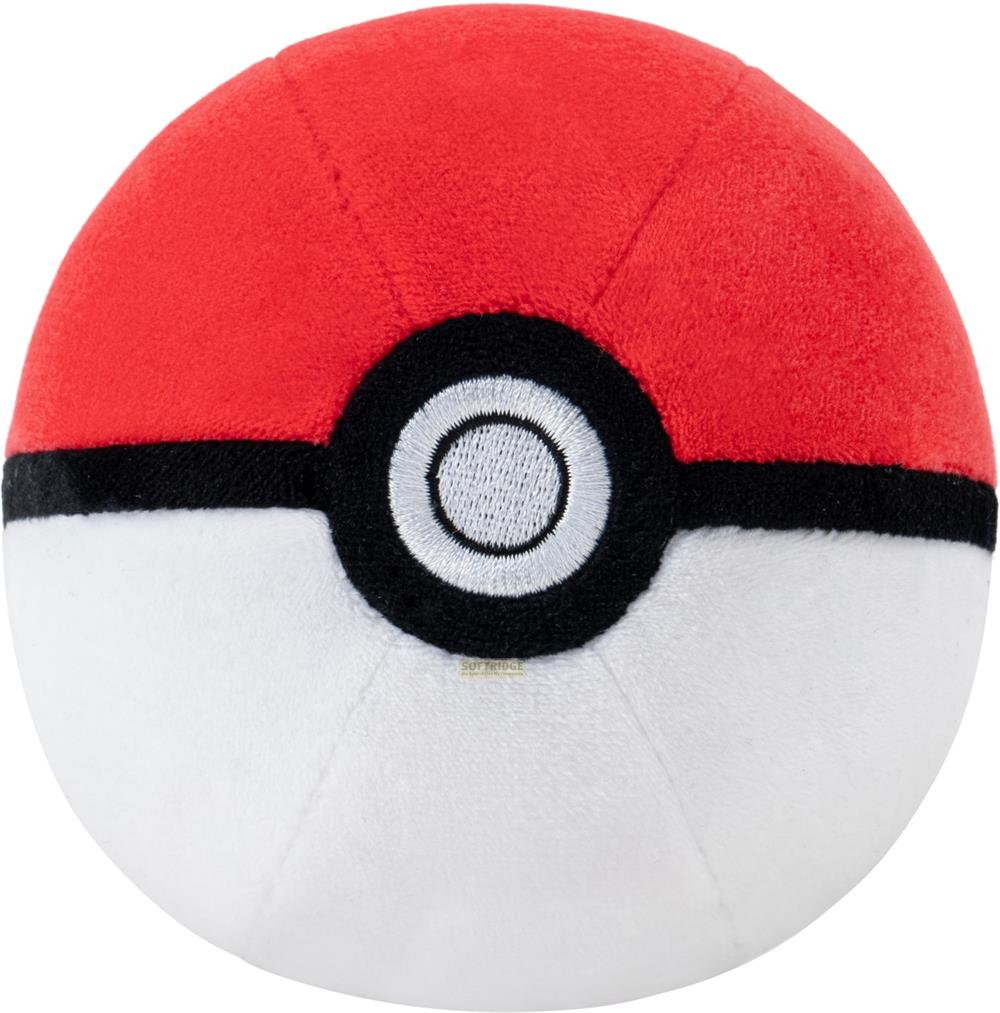 Ein Plüschtier Poké Ball mit rotem Oberteil, weißem Unterteil und schwarzem Band mit weißem Kreis.